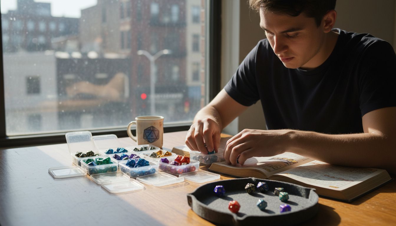 Collector organizing colorful dice sets on tabletop
