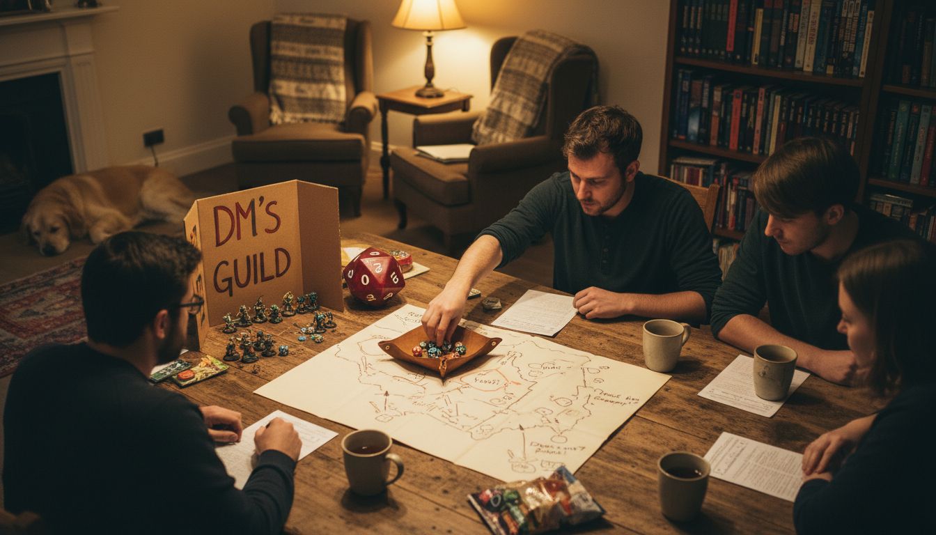 Friends playing tabletop RPG around cozy table