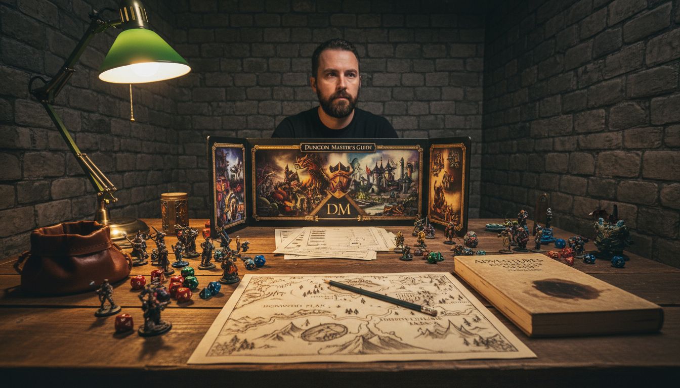 Dungeon master arranging gaming setup behind fantasy DM screen