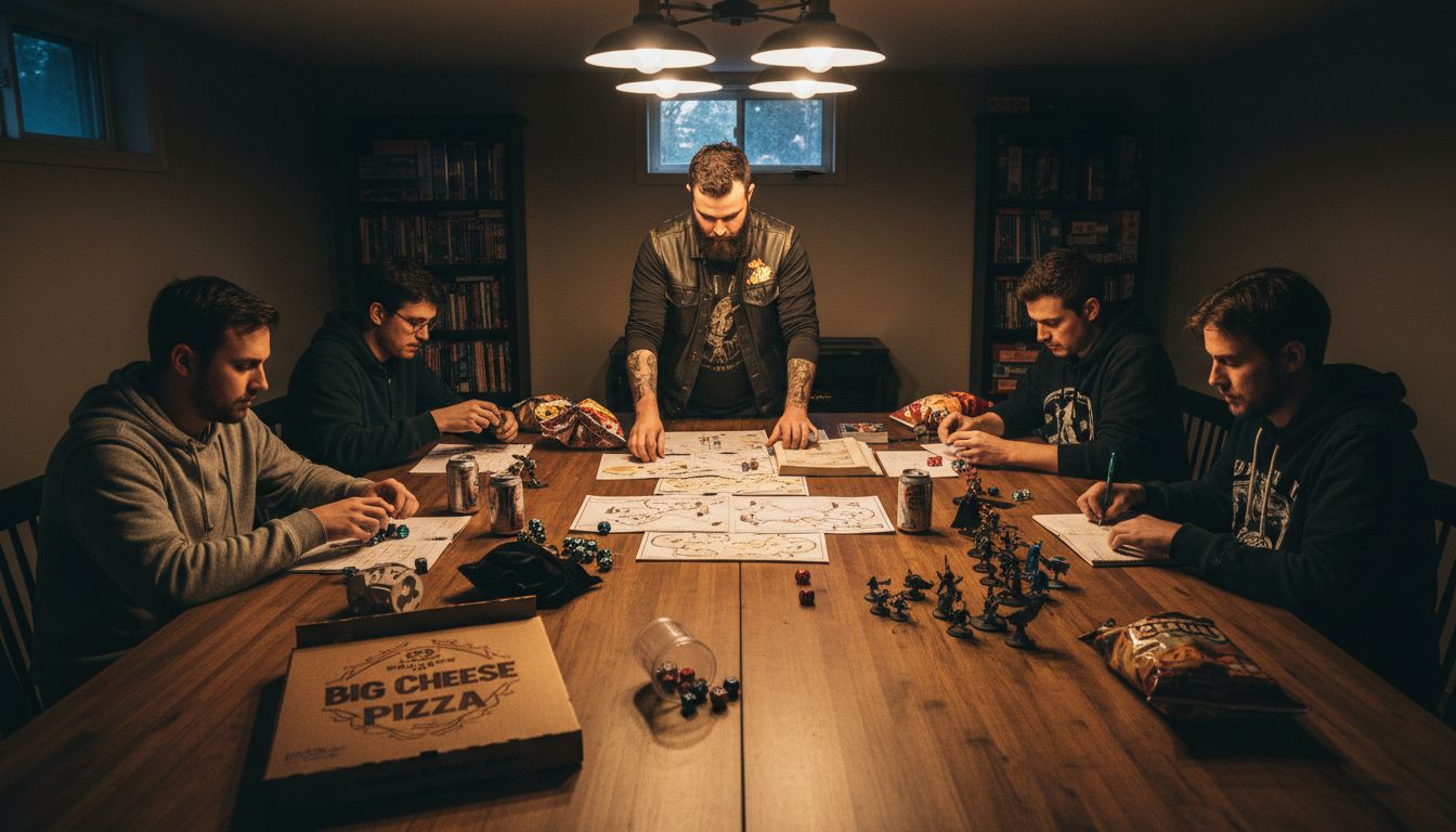TTRPG game night setup with players and clutter