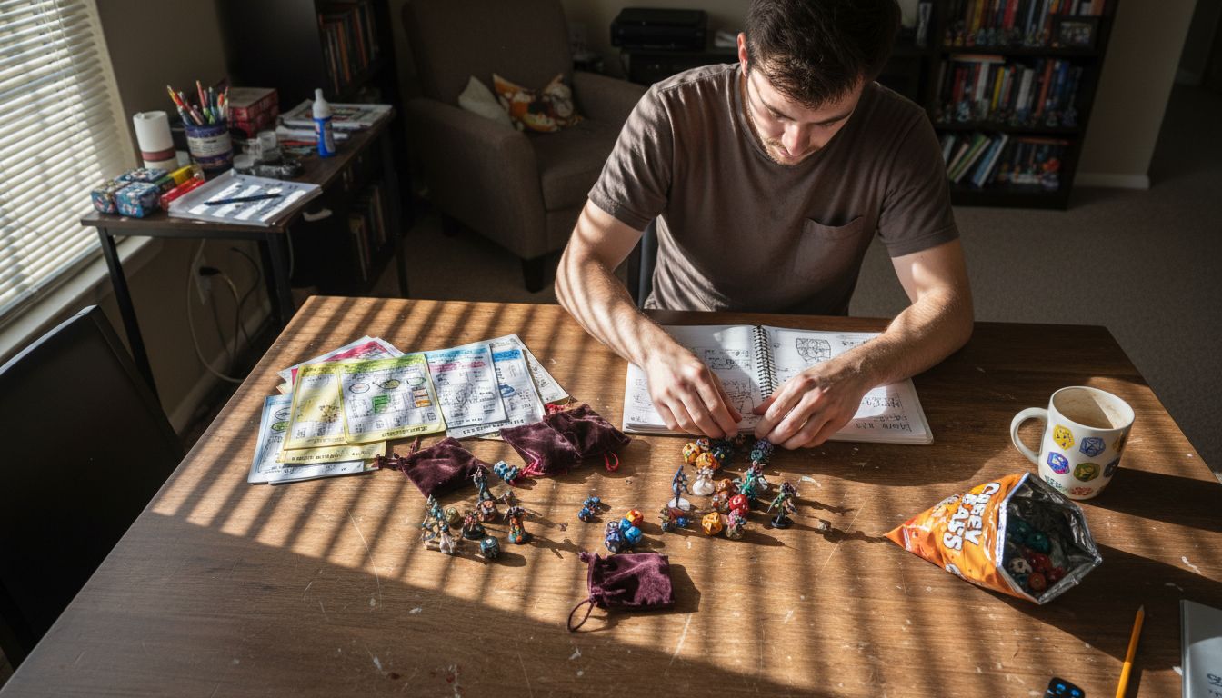 Organizing TTRPG accessories on apartment table