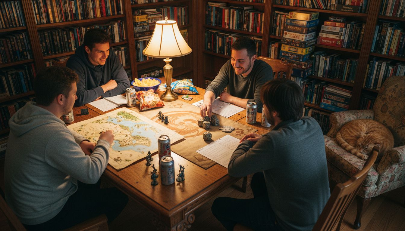 Friends playing TTRPG with themed accessories