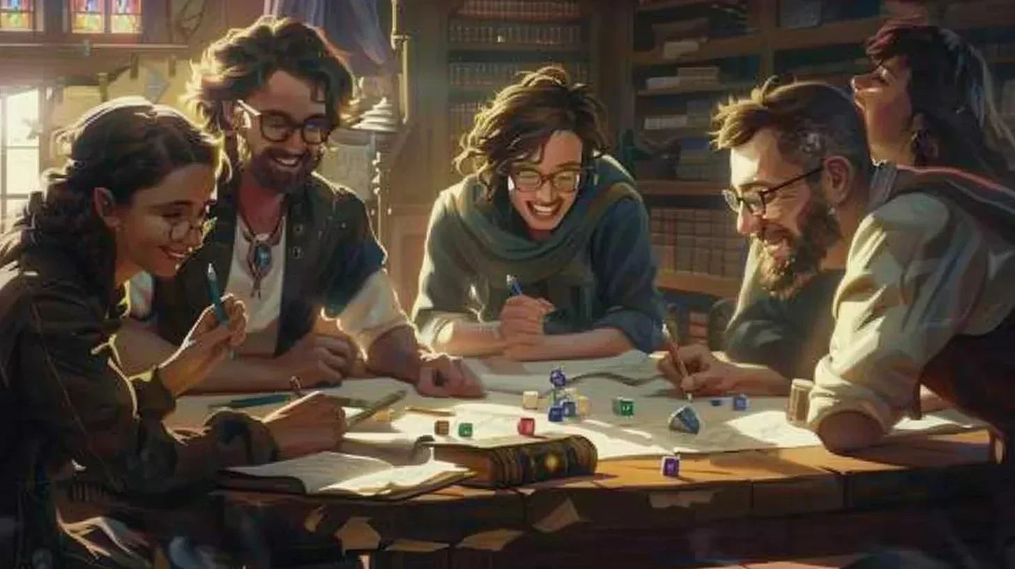 Players enjoying a cozy tabletop RPG, rolling polyhedral dice and writing in fantasy journals.