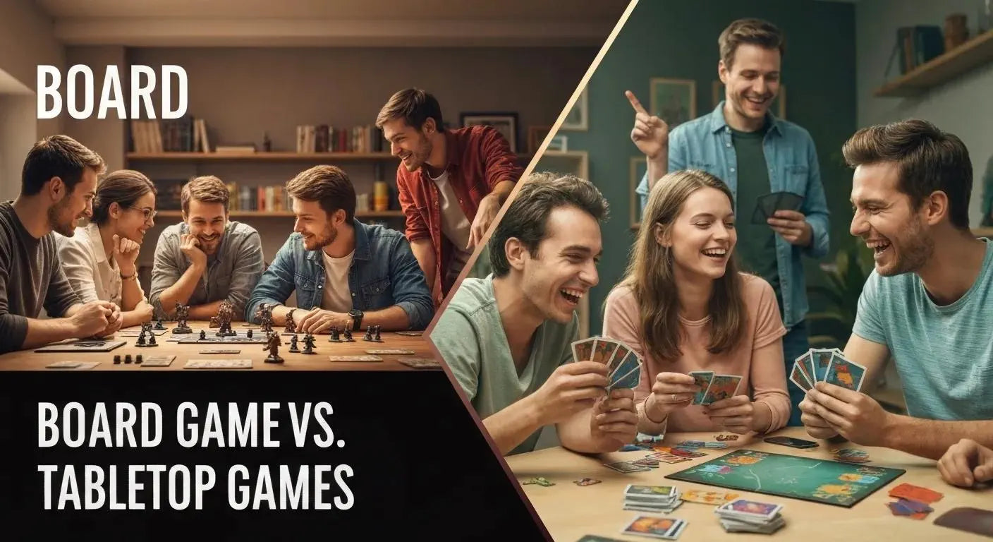 Two groups of friends playing different types of games—one with a classic board game and the other with a tabletop card game, illustrating the difference between board and tabletop games