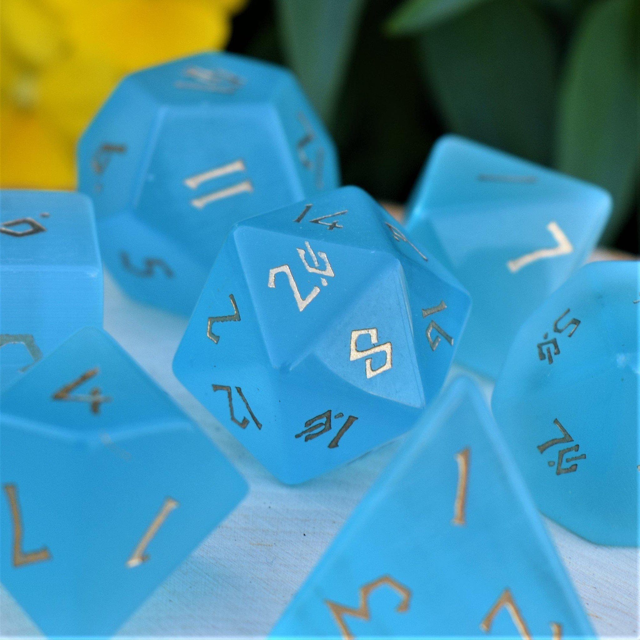Misty Mountain Gaming Stone/Glass Aqua Blue Cat's Eye Stone Dice Set