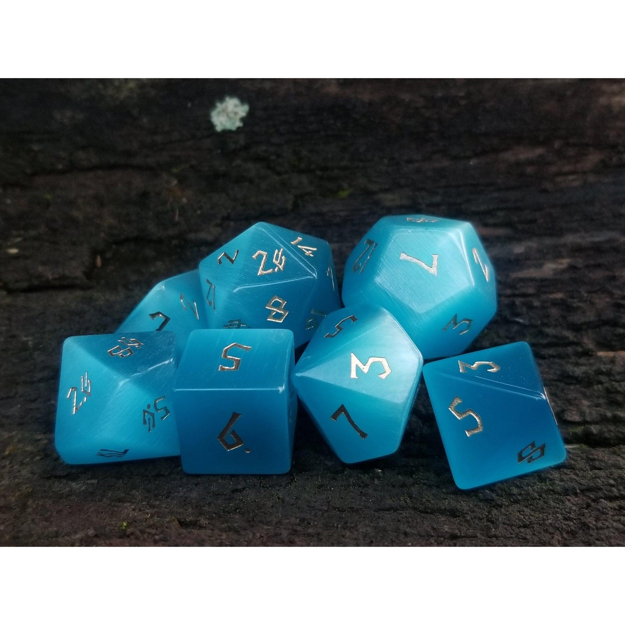 Misty Mountain Gaming Stone/Glass Aqua Blue Cat's Eye Stone Dice Set
