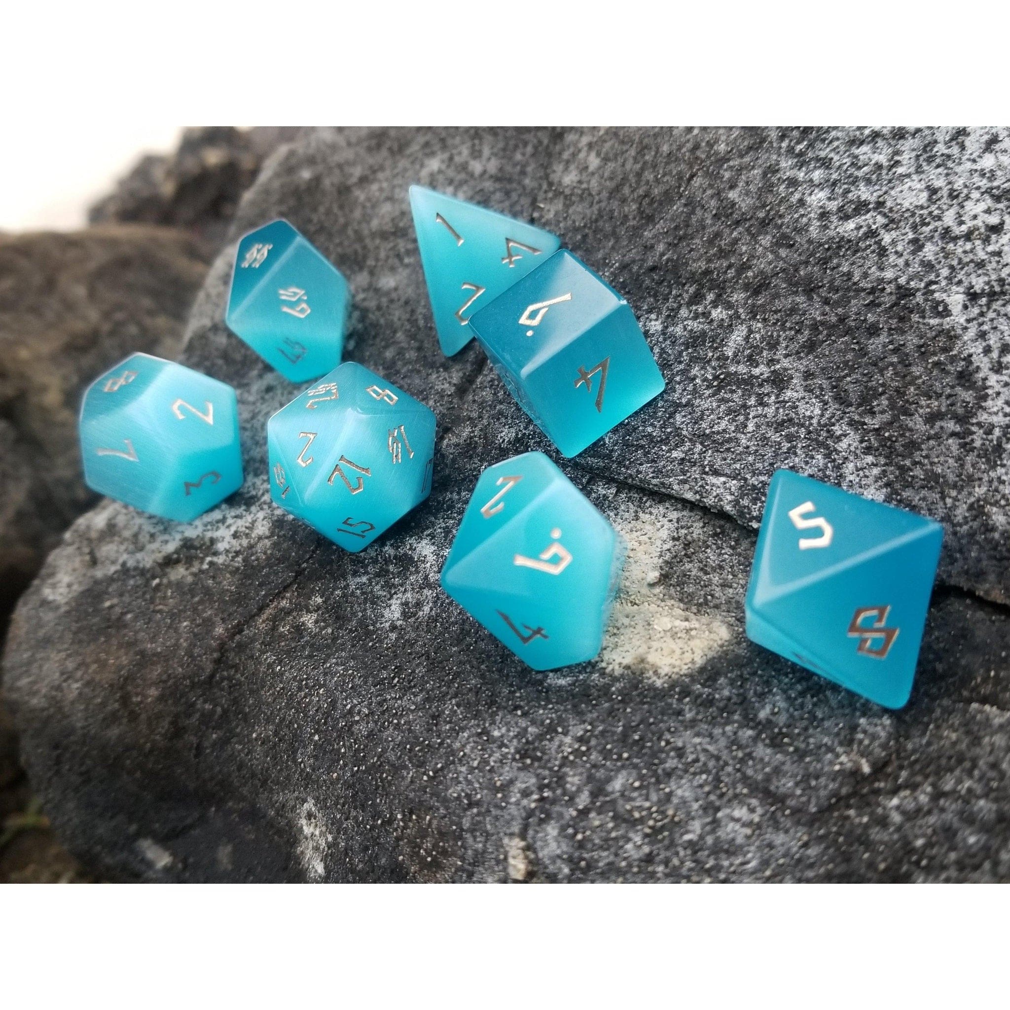 Misty Mountain Gaming Stone/Glass Aqua Blue Cat's Eye Stone Dice Set