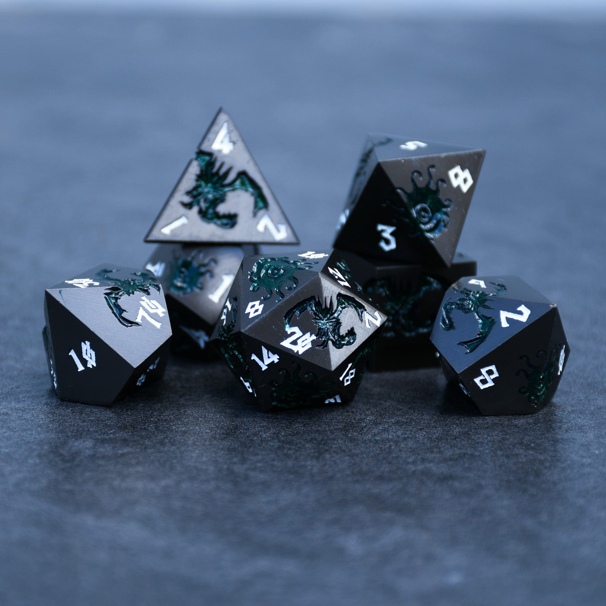 Misty Mountain Gaming Metal Monster Manual Dice - Gunmetal and Green