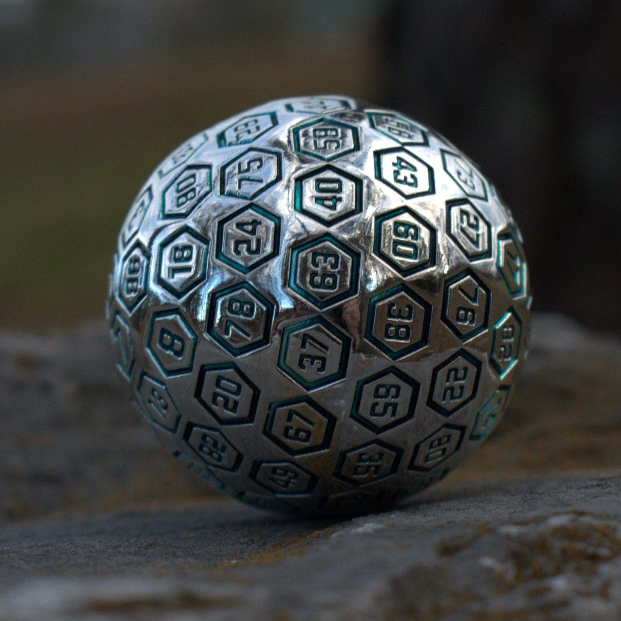 Misty Mountain Gaming D100 The Orb D100 - Aqua and Silver Metal Die