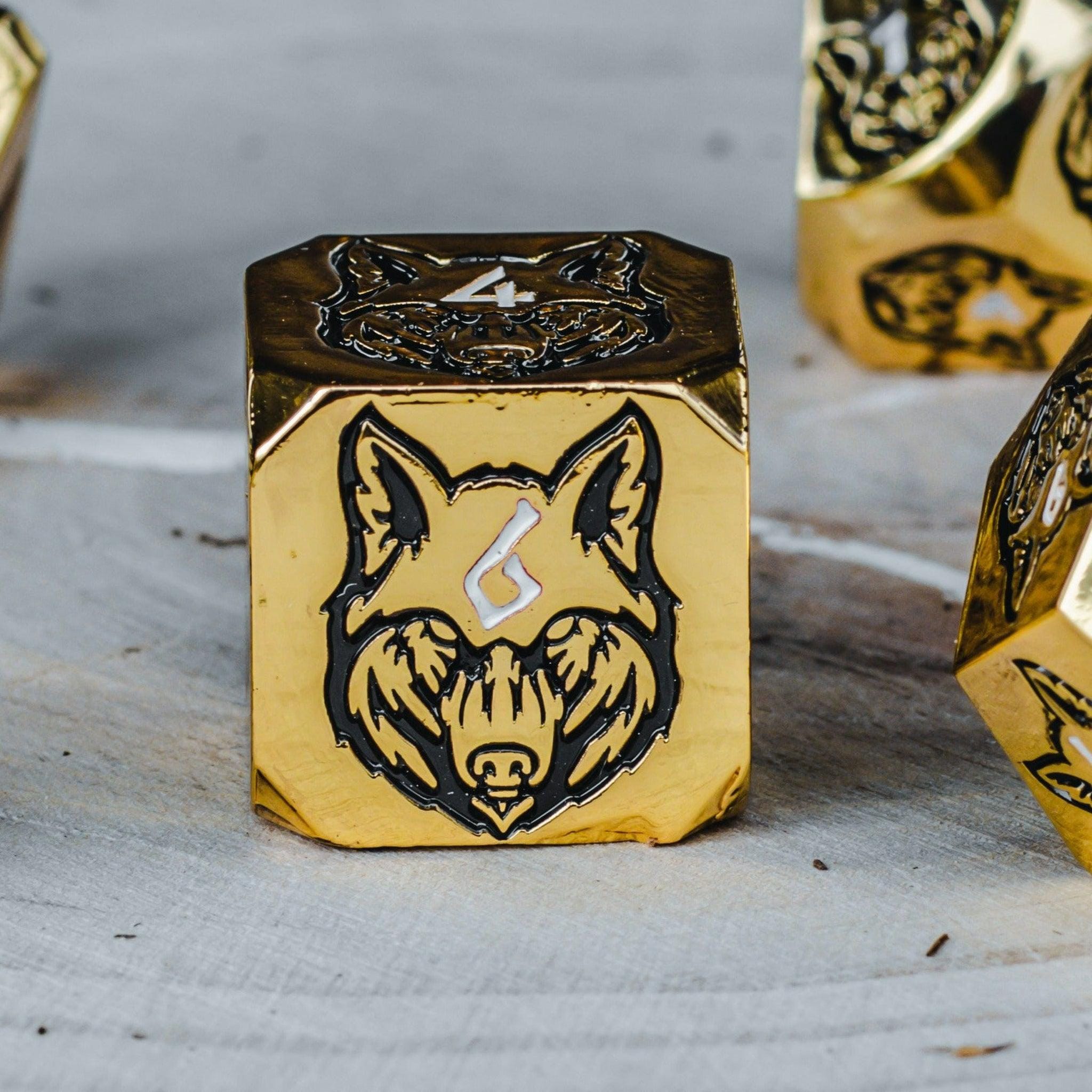 Misty Mountain Gaming Metal Wolves' Den White, Black, and Gold Metal Dice Set