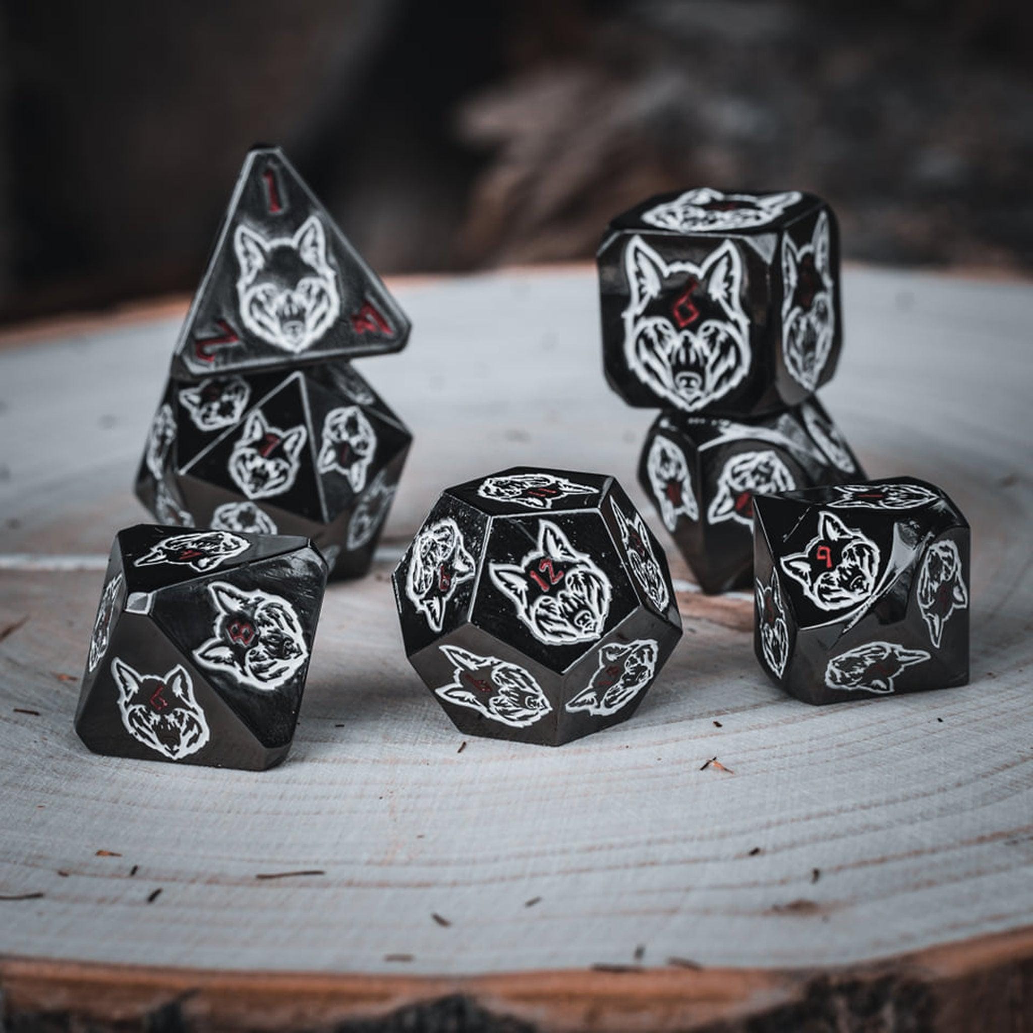 Misty Mountain Gaming Metal Wolves' Den White, Red, and Black Metal Dice Set