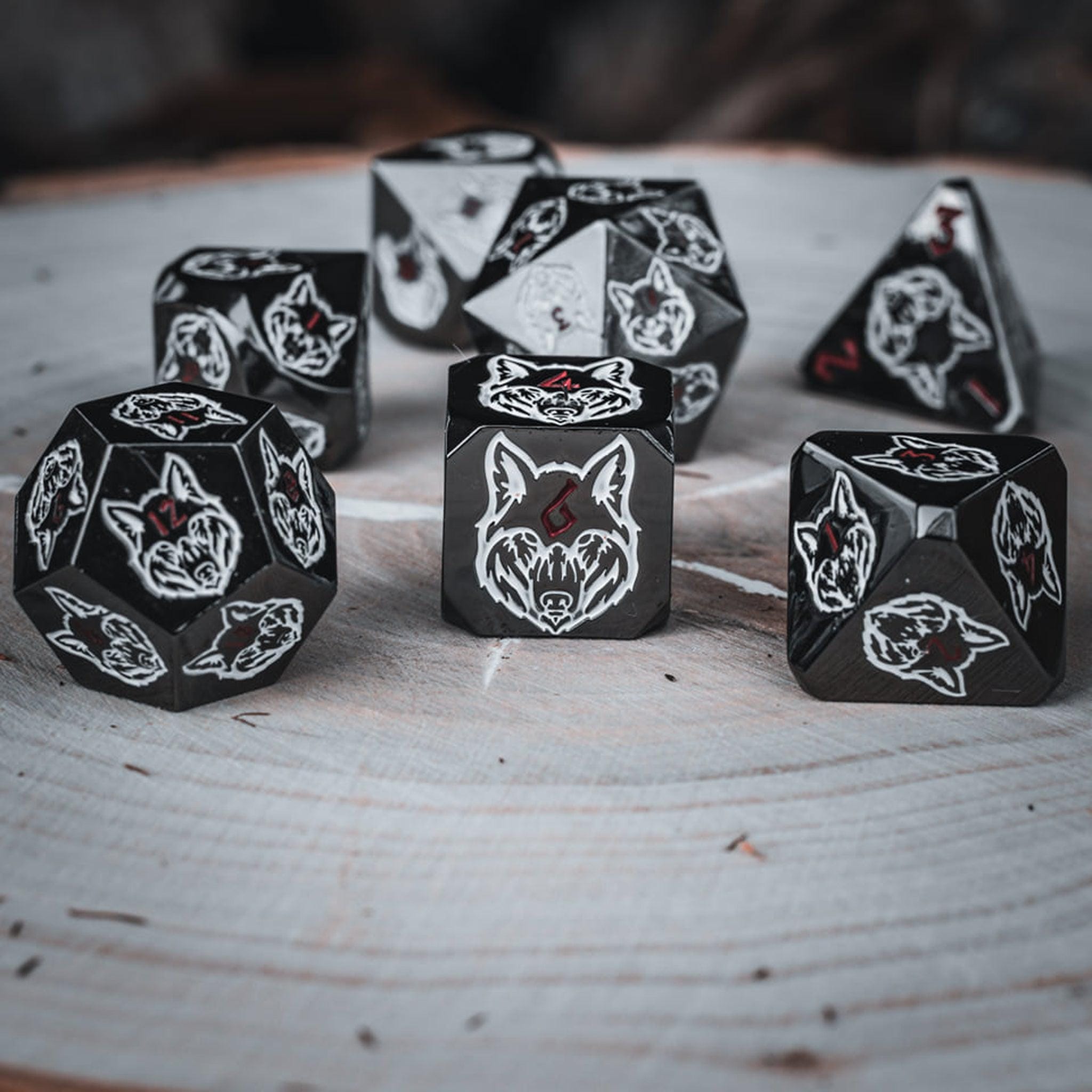 Misty Mountain Gaming Metal Wolves' Den White, Red, and Black Metal Dice Set