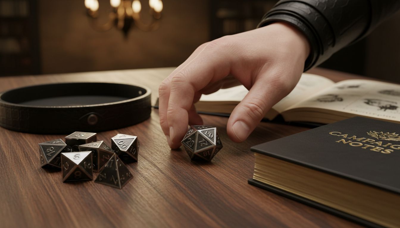 Shiny metal dice on wooden tabletop