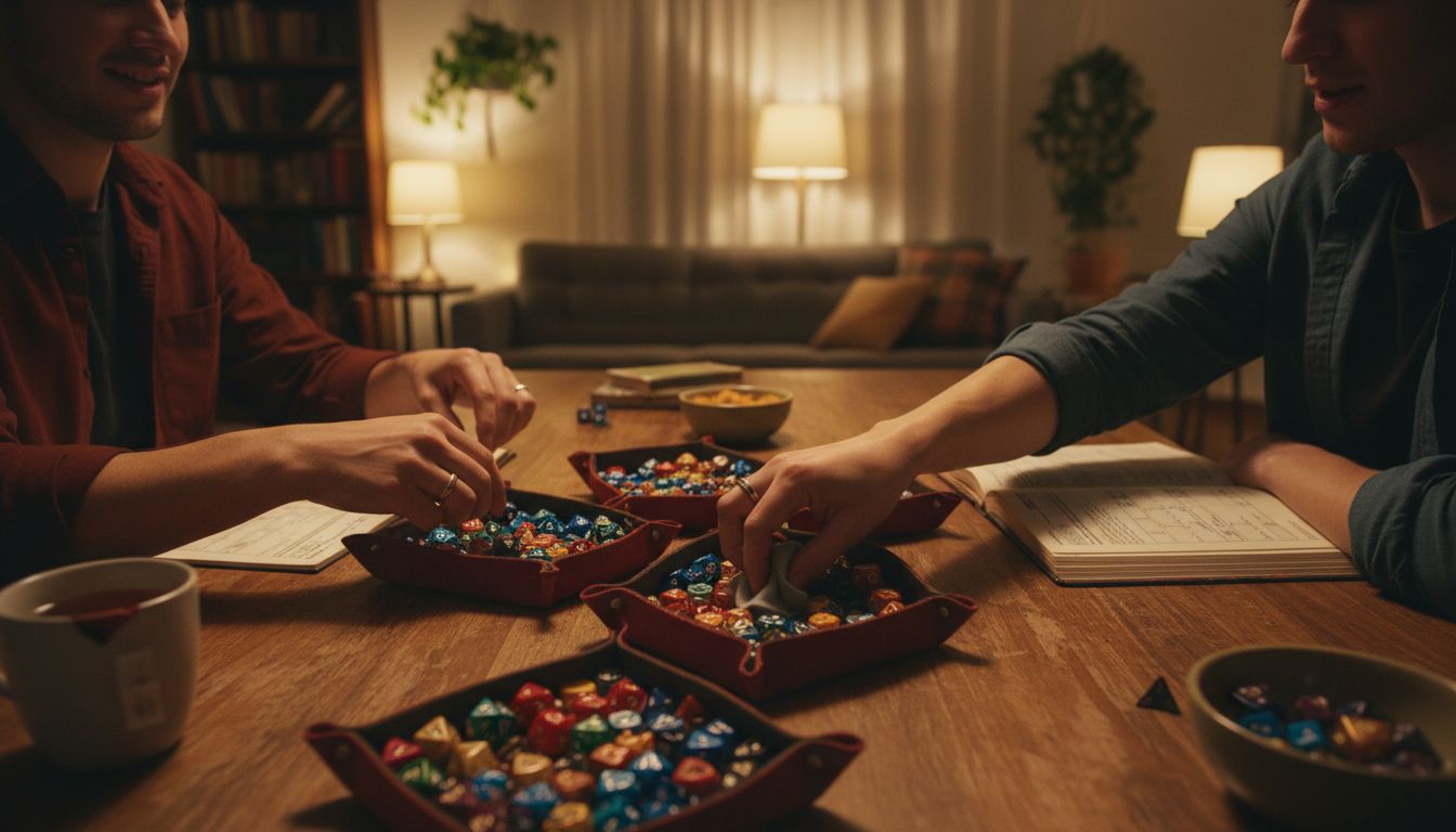 Friends choosing colorful TTRPG dice sets