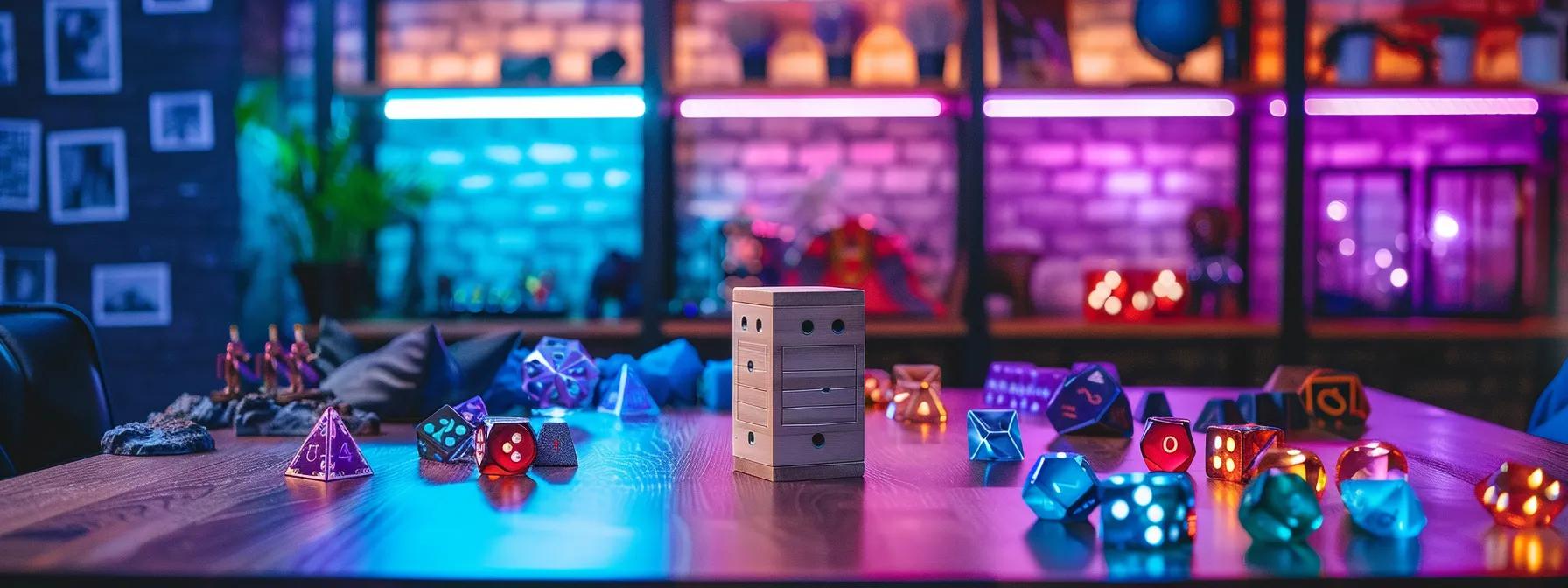 a-colorful-tabletop-gaming-setup, tower for rolling dice, dnd dice rolling tower