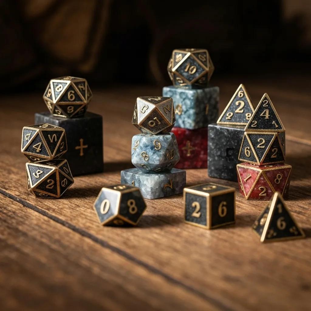 A collection of high-quality RPG dice, including metal, gemstone, and resin, artfully arranged on a rustic wooden surface.