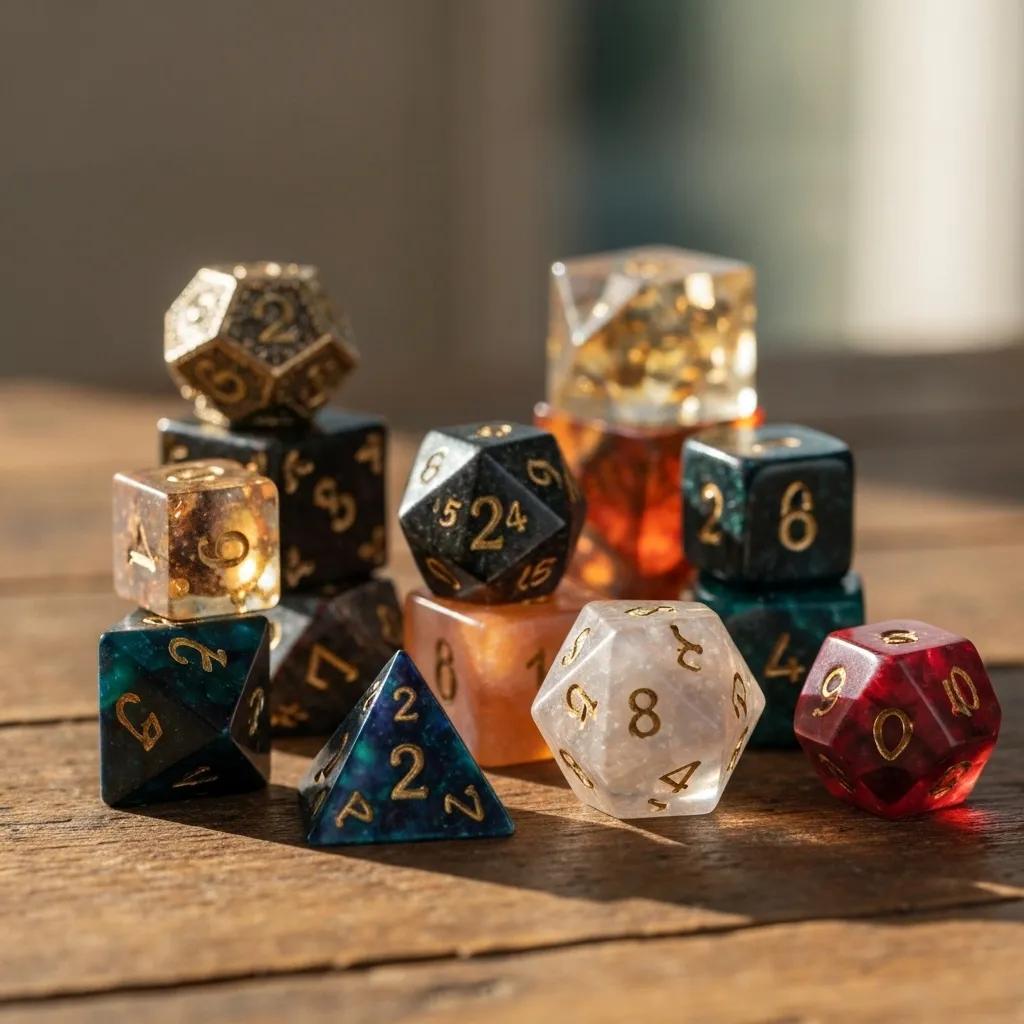 A vibrant assortment of premium dice crafted from metal, resin, and gemstone, artfully arranged on a rustic wooden tabletop.