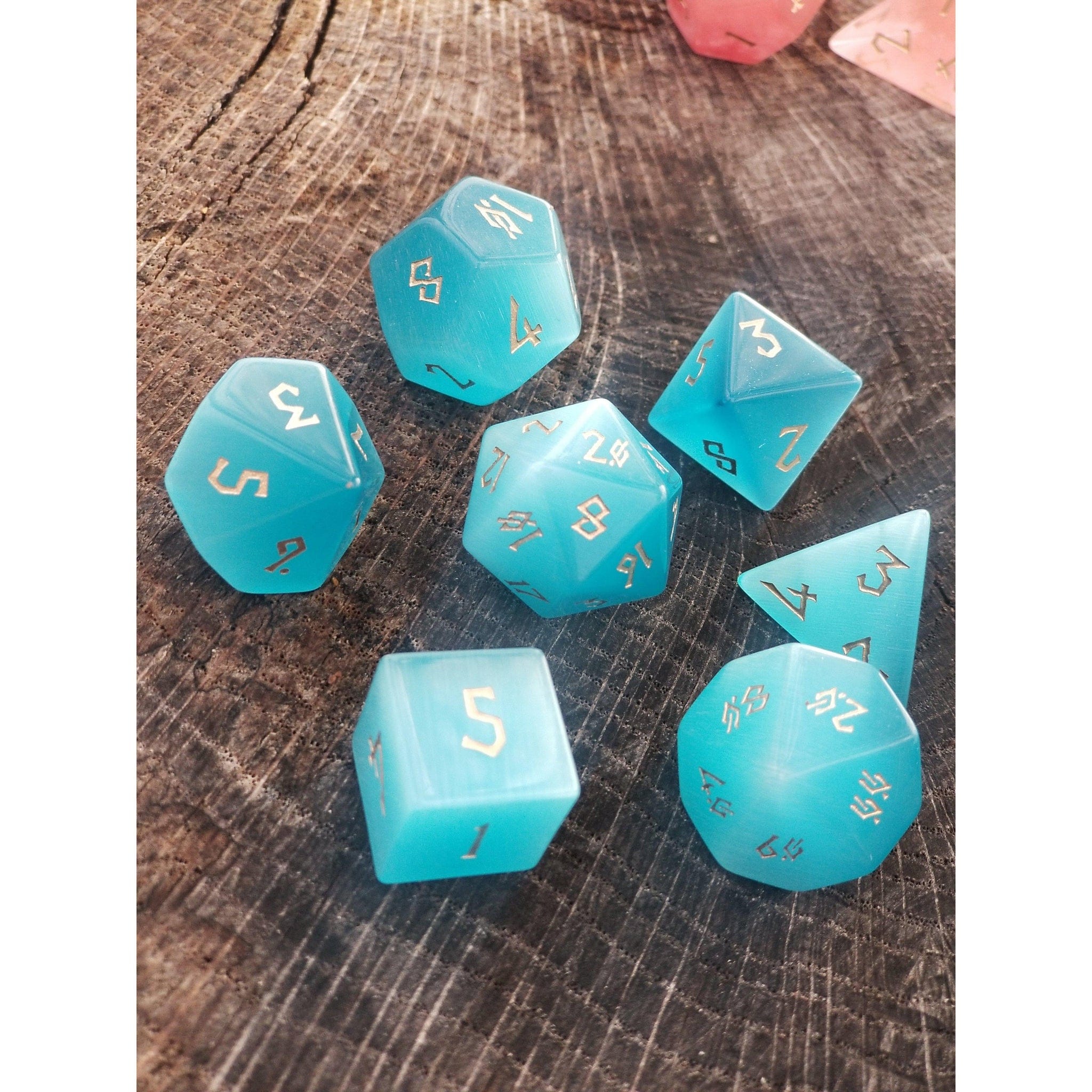 Misty Mountain Gaming Stone/Glass Aqua Blue Cat's Eye Stone Dice Set