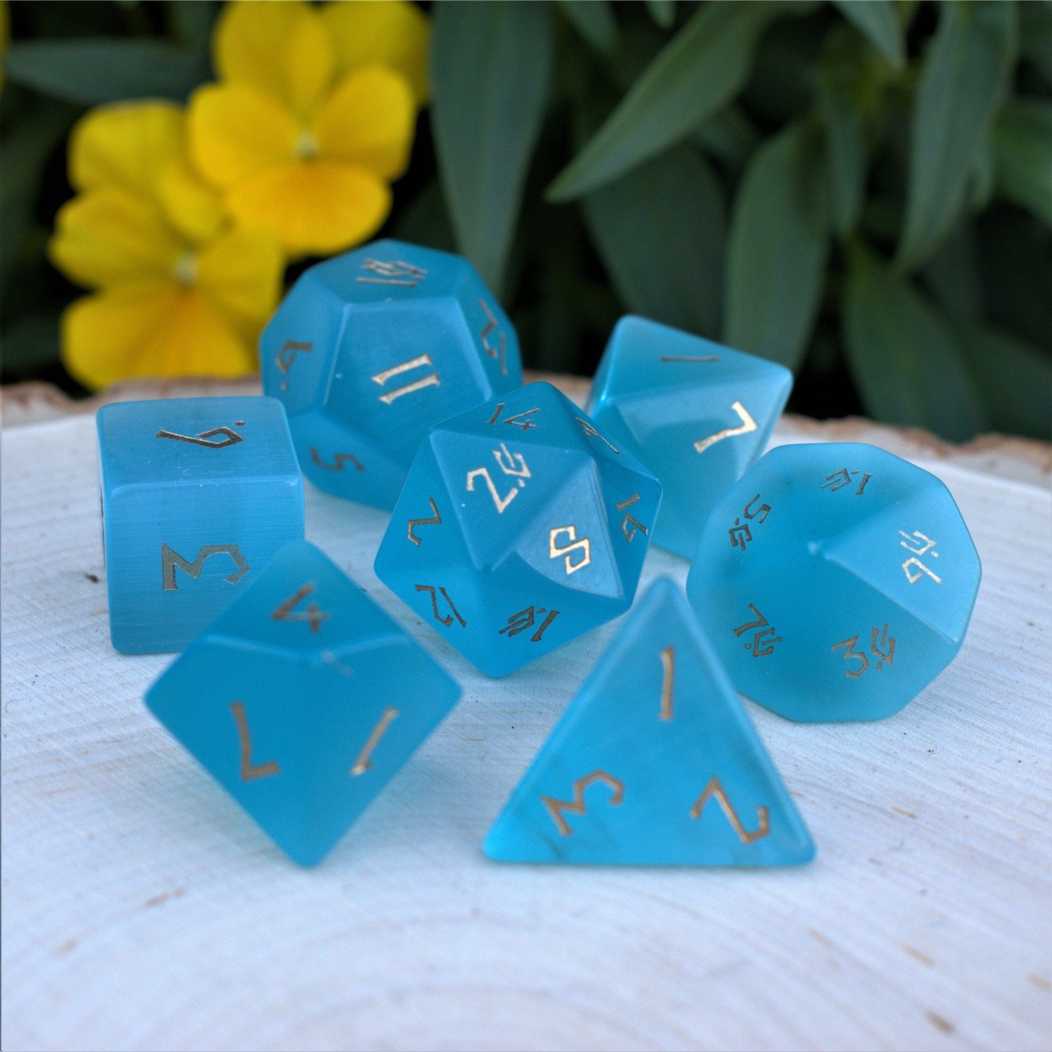 Misty Mountain Gaming Stone/Glass Aqua Blue Cat's Eye Stone Dice Set