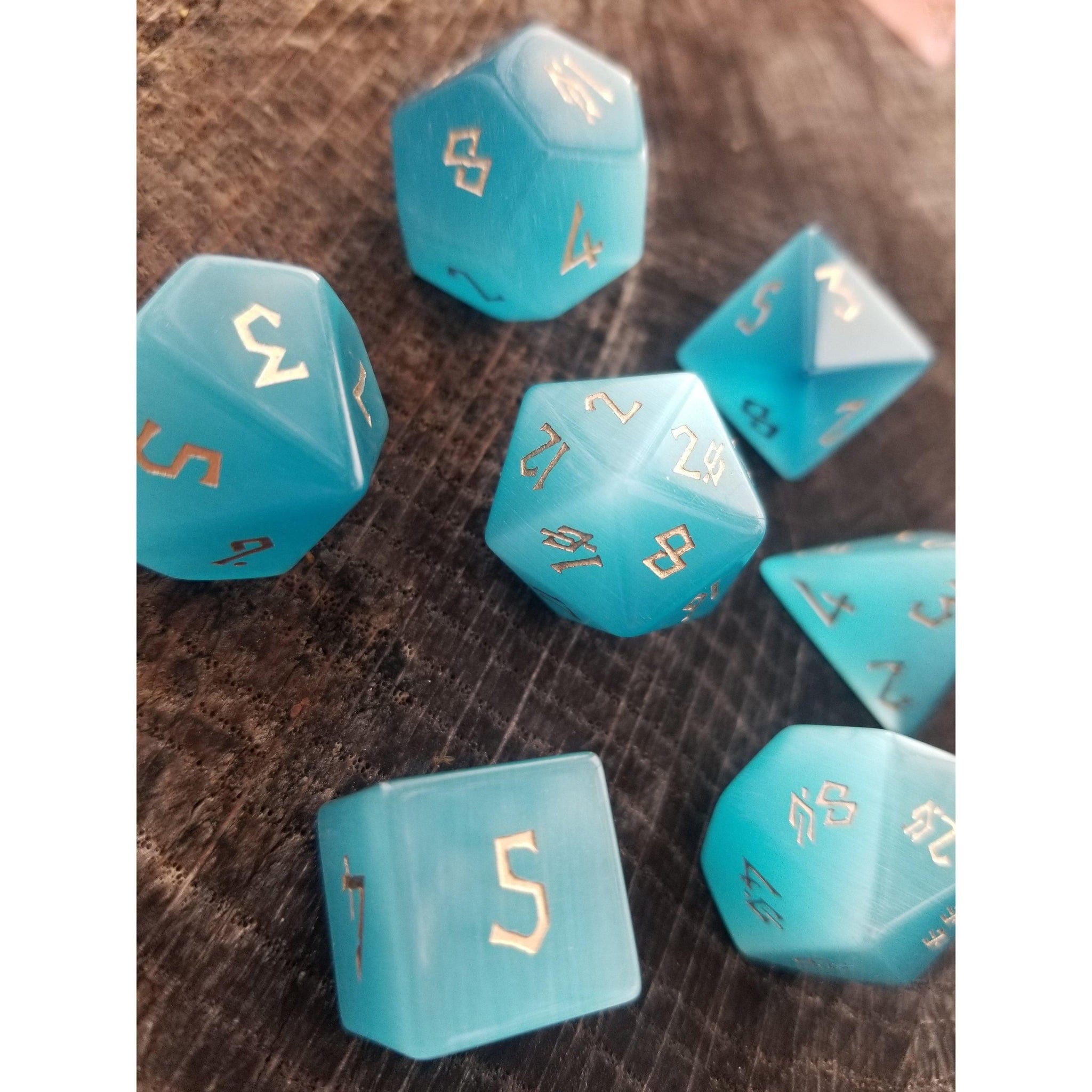 Misty Mountain Gaming Stone/Glass Aqua Blue Cat's Eye Stone Dice Set