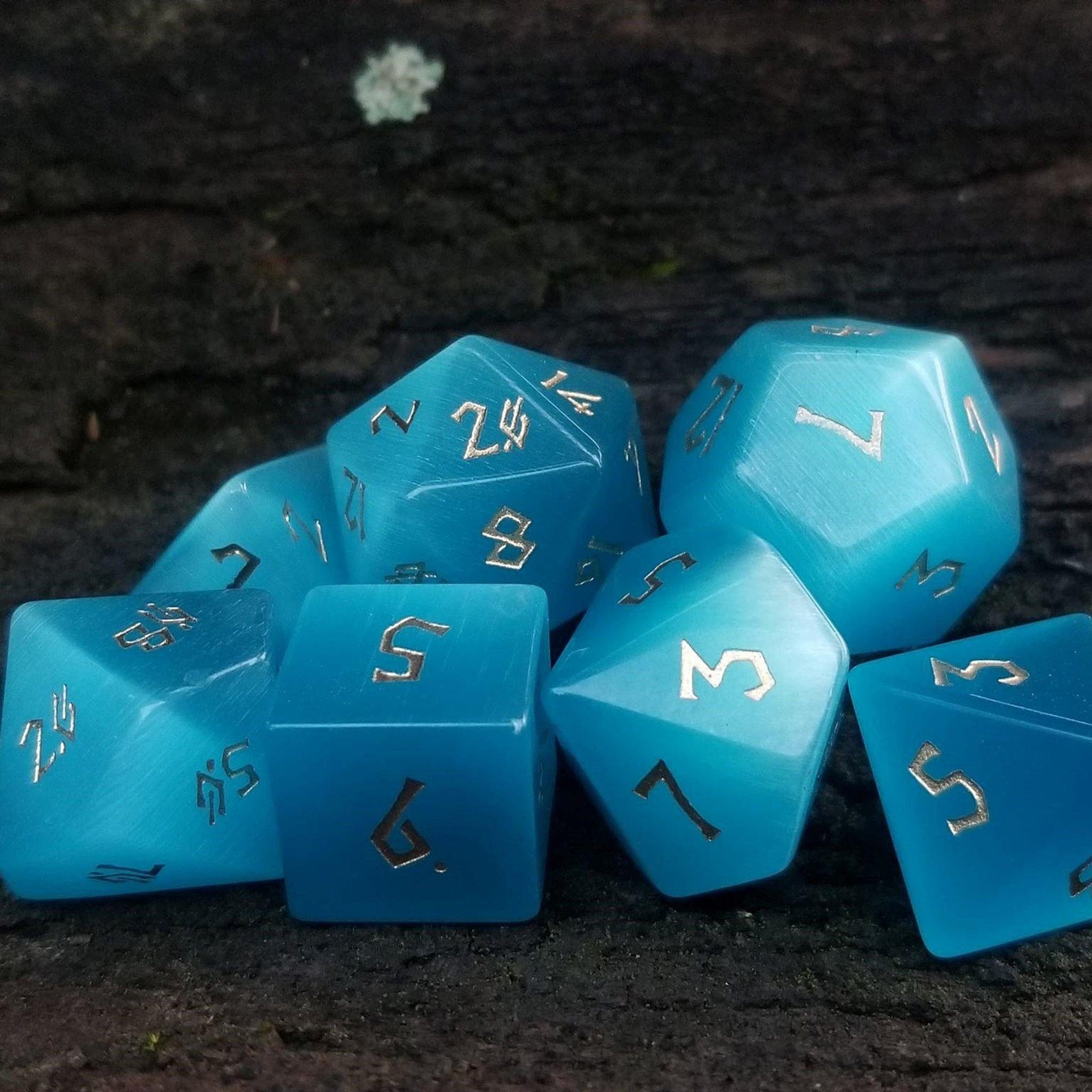 Misty Mountain Gaming Stone/Glass Aqua Blue Cat's Eye Stone Dice Set