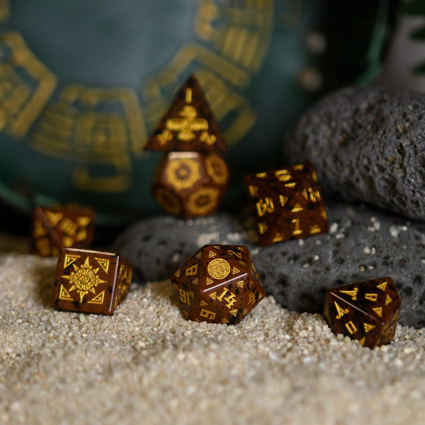 Misty Mountain Gaming Dice Aztec Mahogany Obsidian Stone Dice Set - Dice Around the World Collection