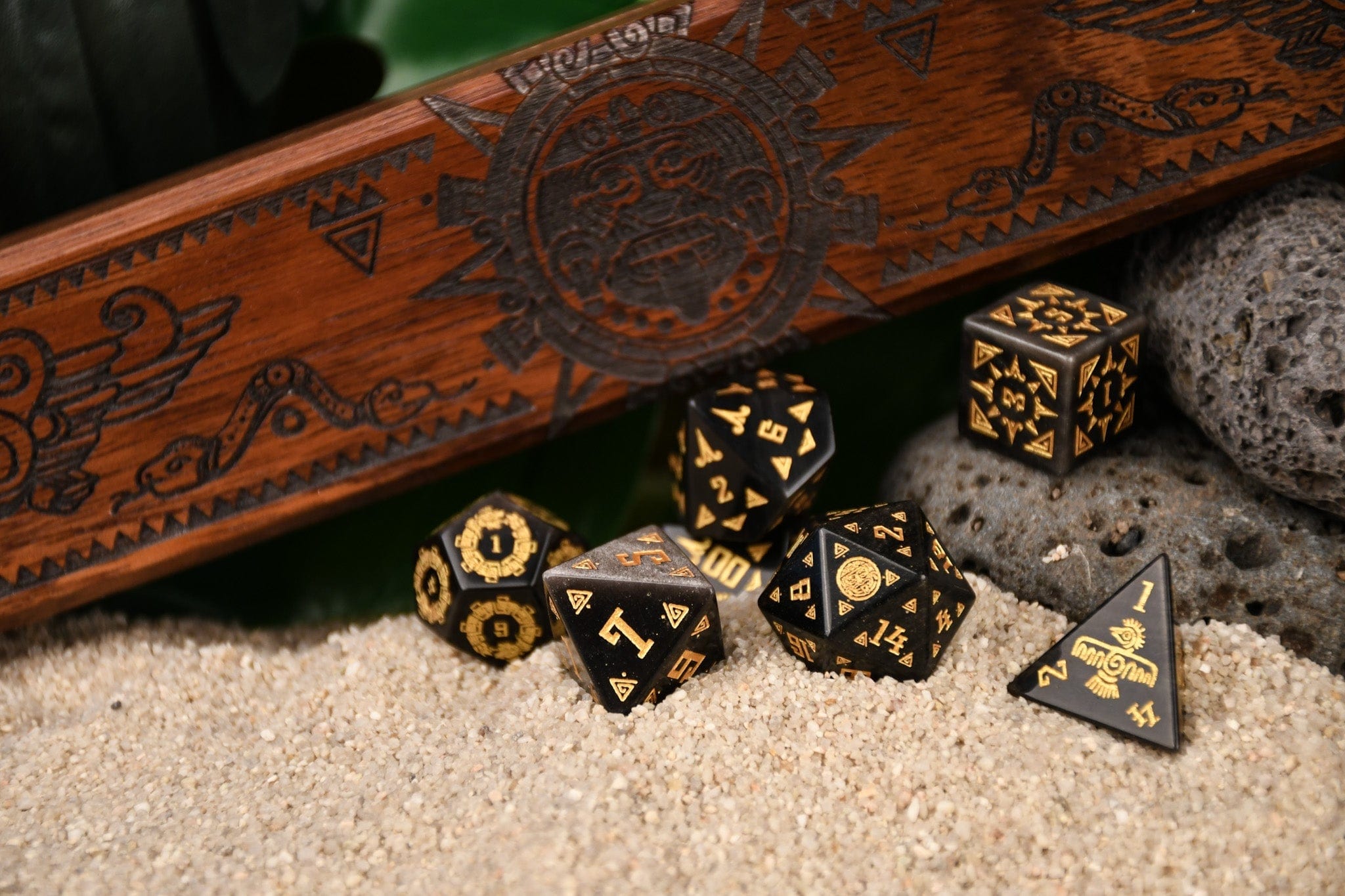 Misty Mountain Gaming Dice Aztec Silver Sheen Obsidian Stone Dice Set - Dice Around the World Collection