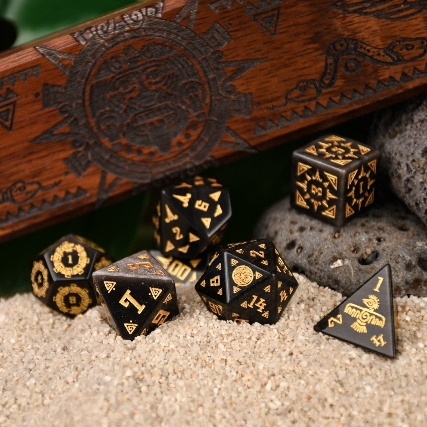 Misty Mountain Gaming Dice Aztec Silver Sheen Obsidian Stone Dice Set - Dice Around the World Collection