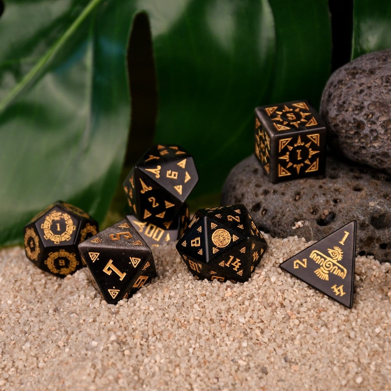 Misty Mountain Gaming Dice Aztec Silver Sheen Obsidian Stone Dice Set - Dice Around the World Collection