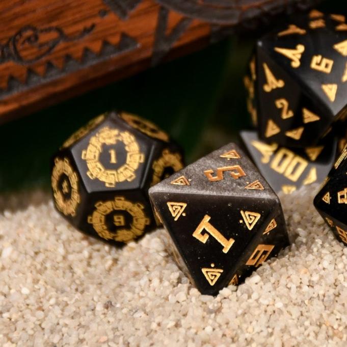 Misty Mountain Gaming Dice Aztec Silver Sheen Obsidian Stone Dice Set - Dice Around the World Collection