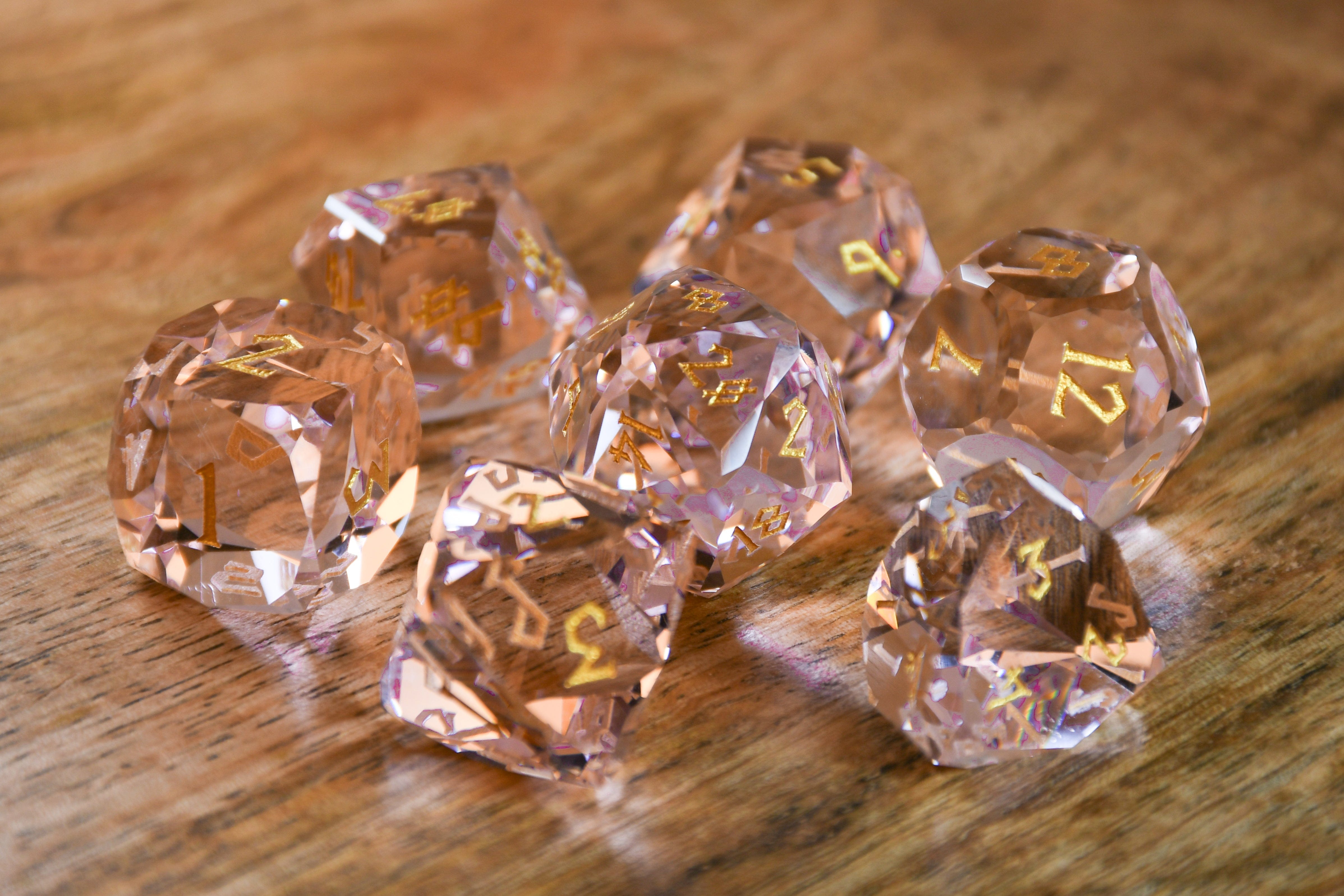 Misty Mountain Gaming Stone/Glass Baby Pink Topaz Multifaceted Glass Dice Set