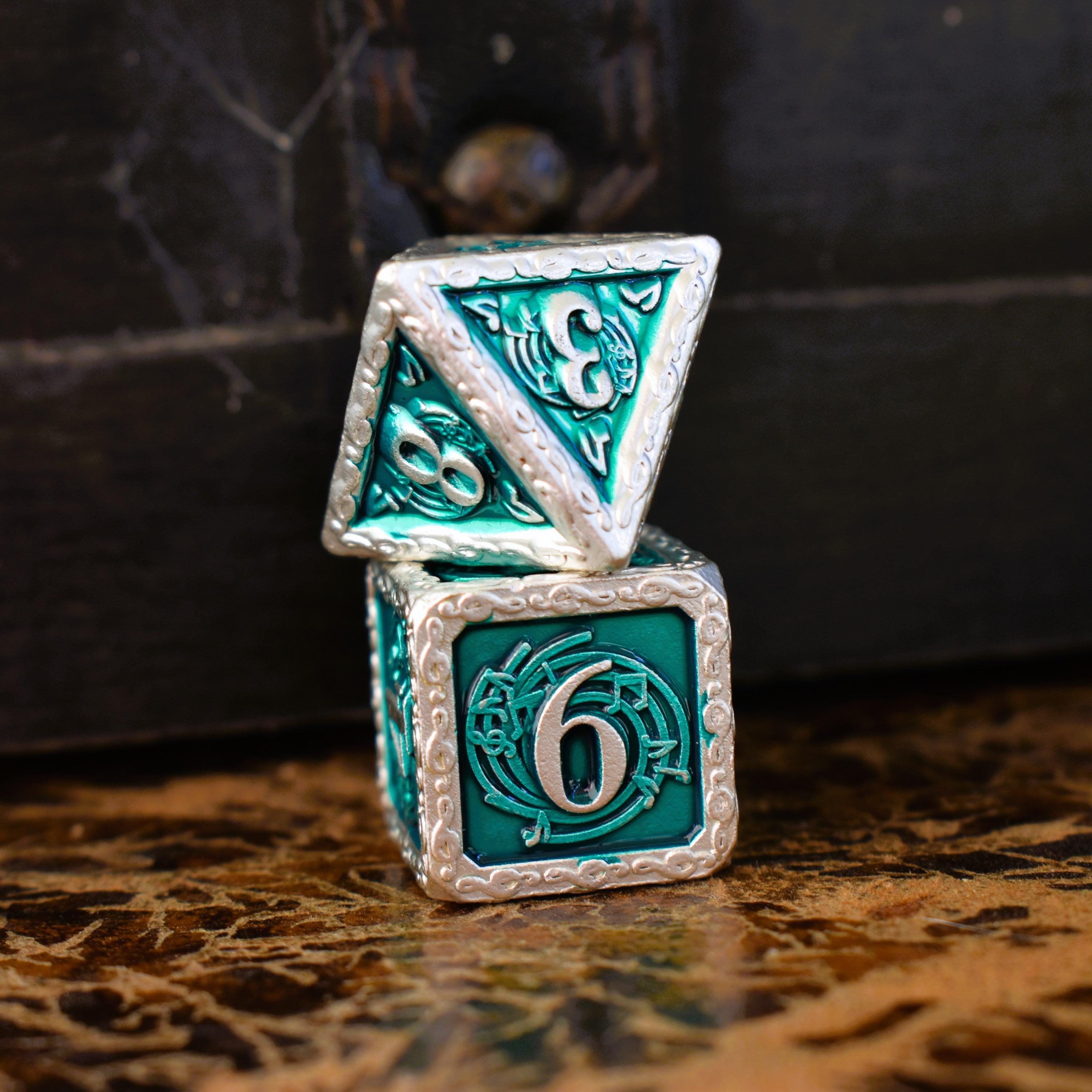 Misty Mountain Gaming Metal Ballad of the Bard Green and Silver Metal Dice Set