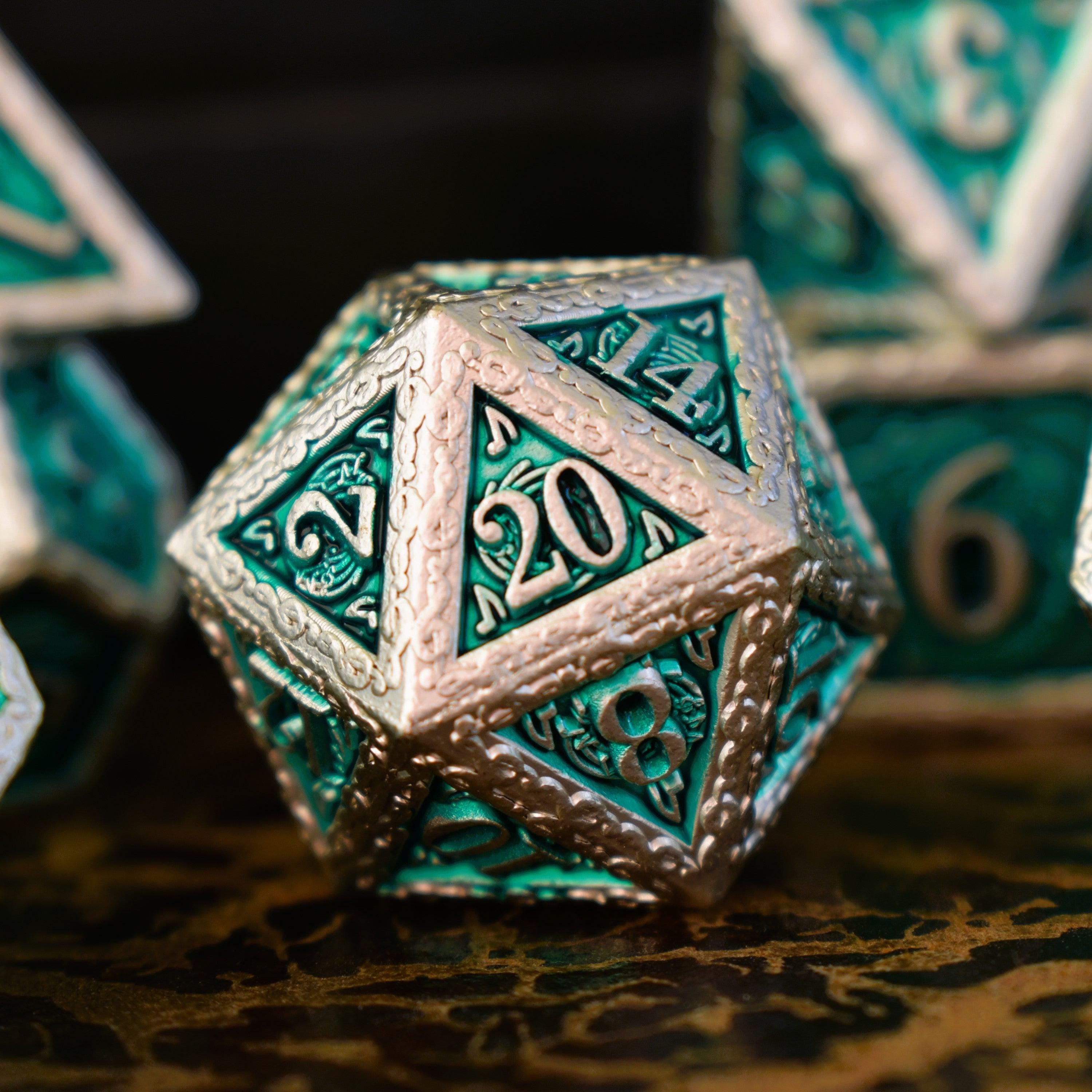 Misty Mountain Gaming Metal Ballad of the Bard Green and Silver Metal Dice Set