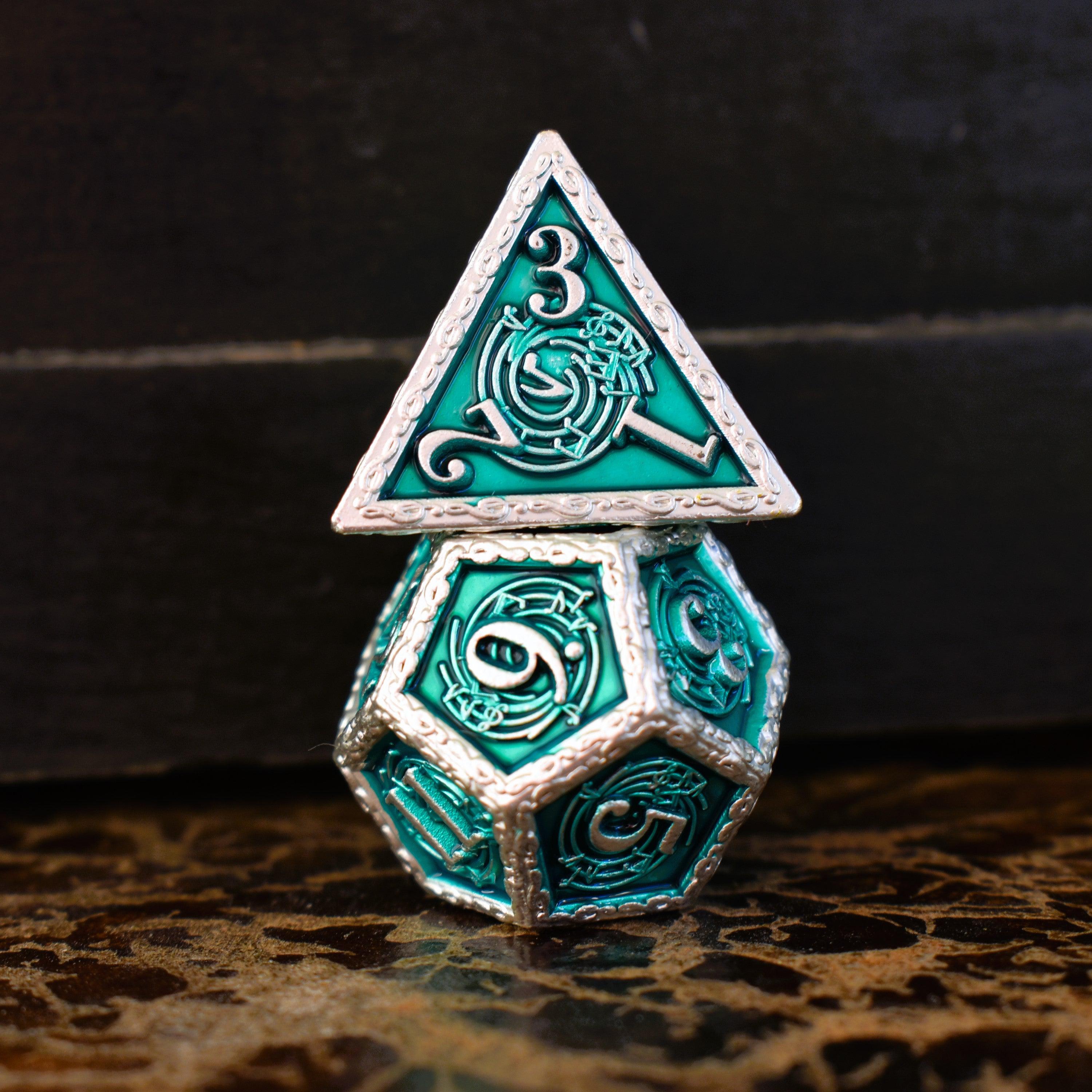 Misty Mountain Gaming Metal Ballad of the Bard Green and Silver Metal Dice Set