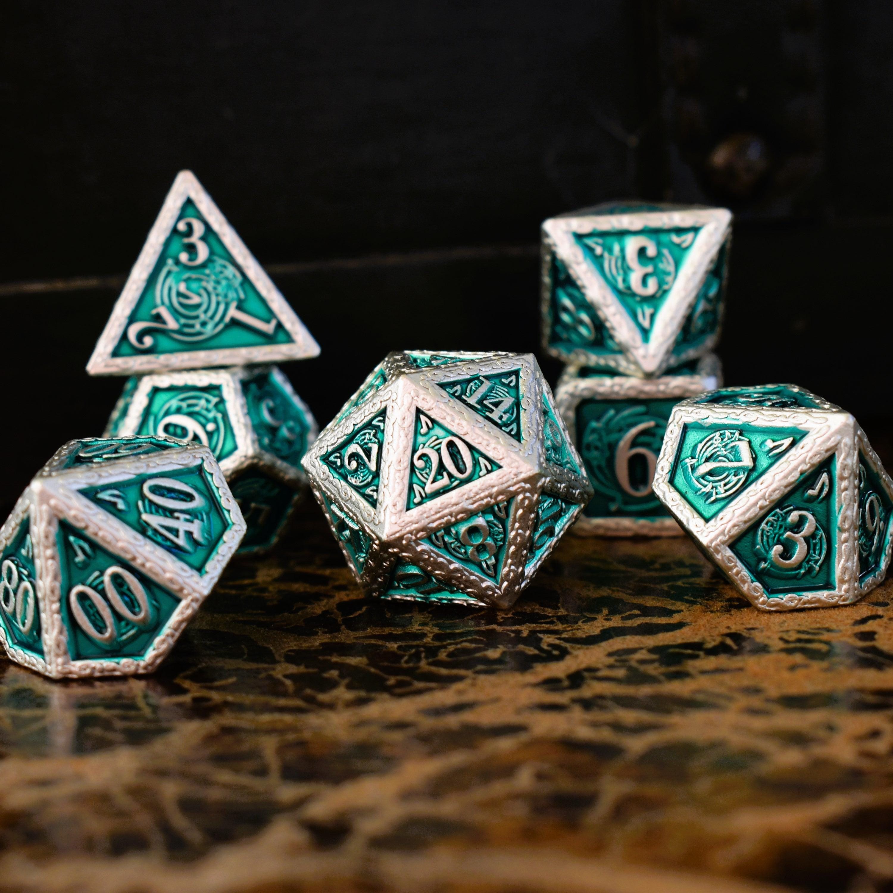 Misty Mountain Gaming Metal Ballad of the Bard Green and Silver Metal Dice Set
