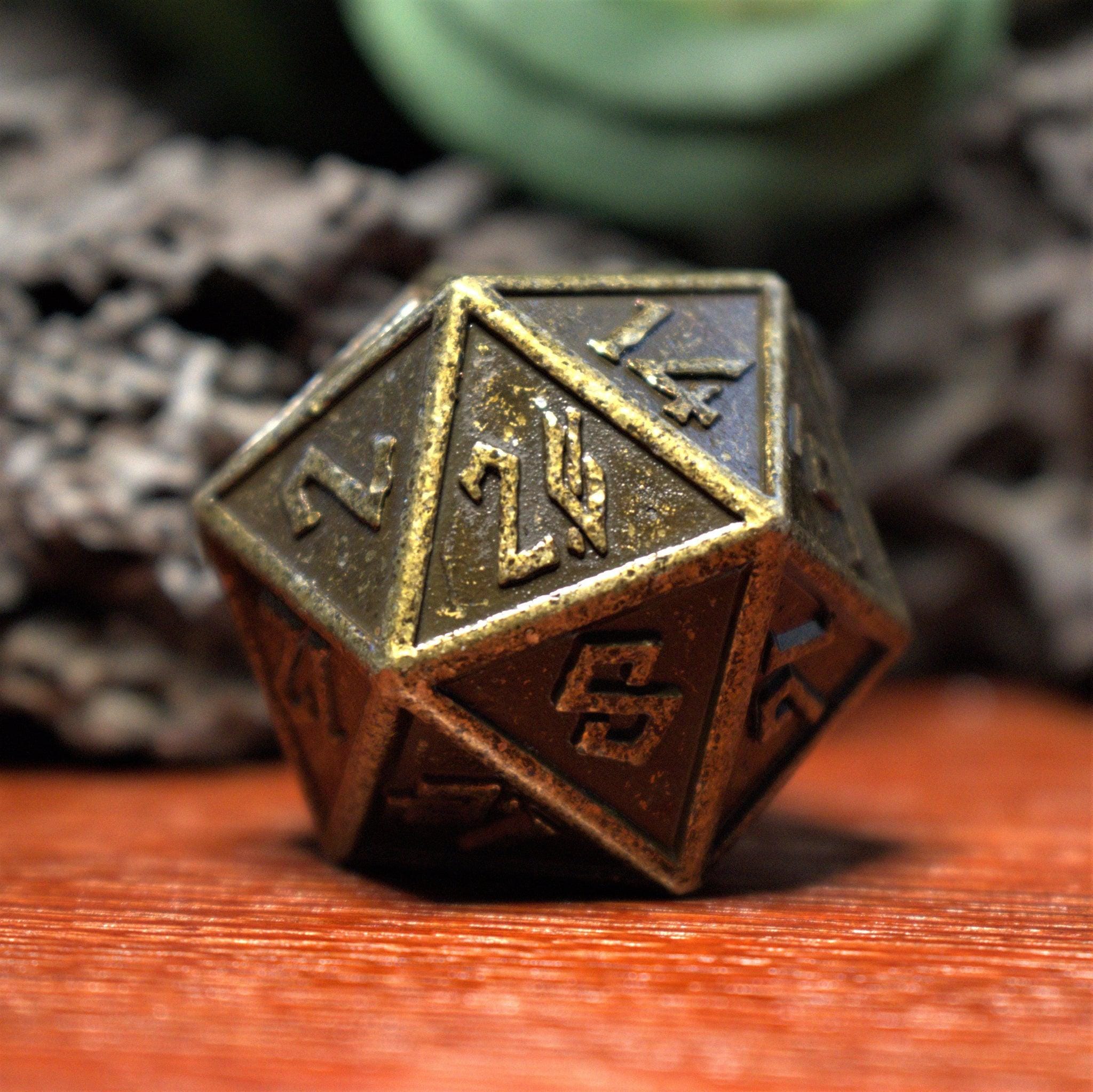 Misty Mountain Gaming Large D20s Battle-Worn Gold Metal 35mm D20