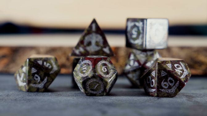 Misty Mountain Gaming Dice Celtic Dragon Blood Jasper Stone Dice Set – Dice Around the World Collection
