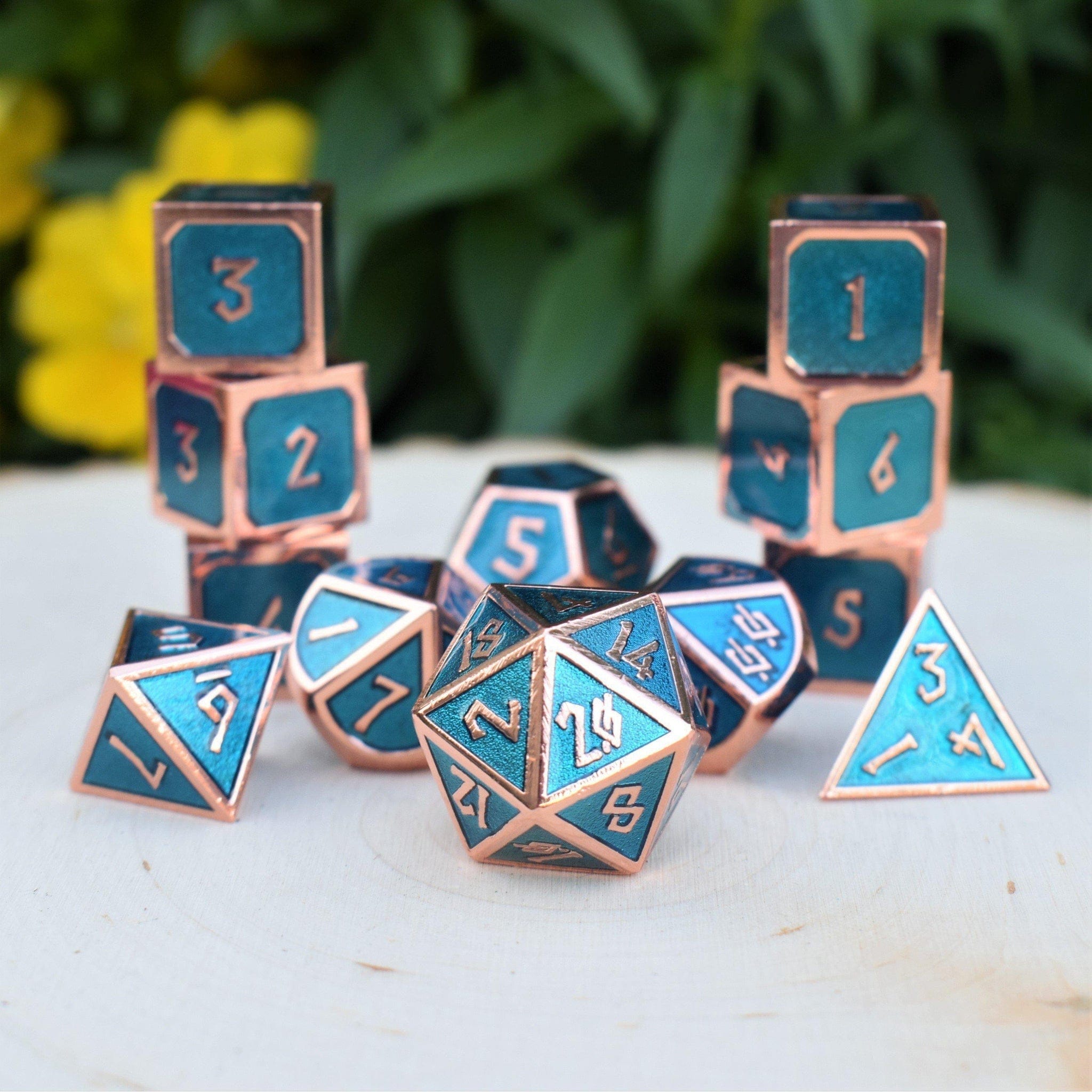Misty Mountain Gaming Metal Elder Runes Aqua And Bronze Metal Dice Set