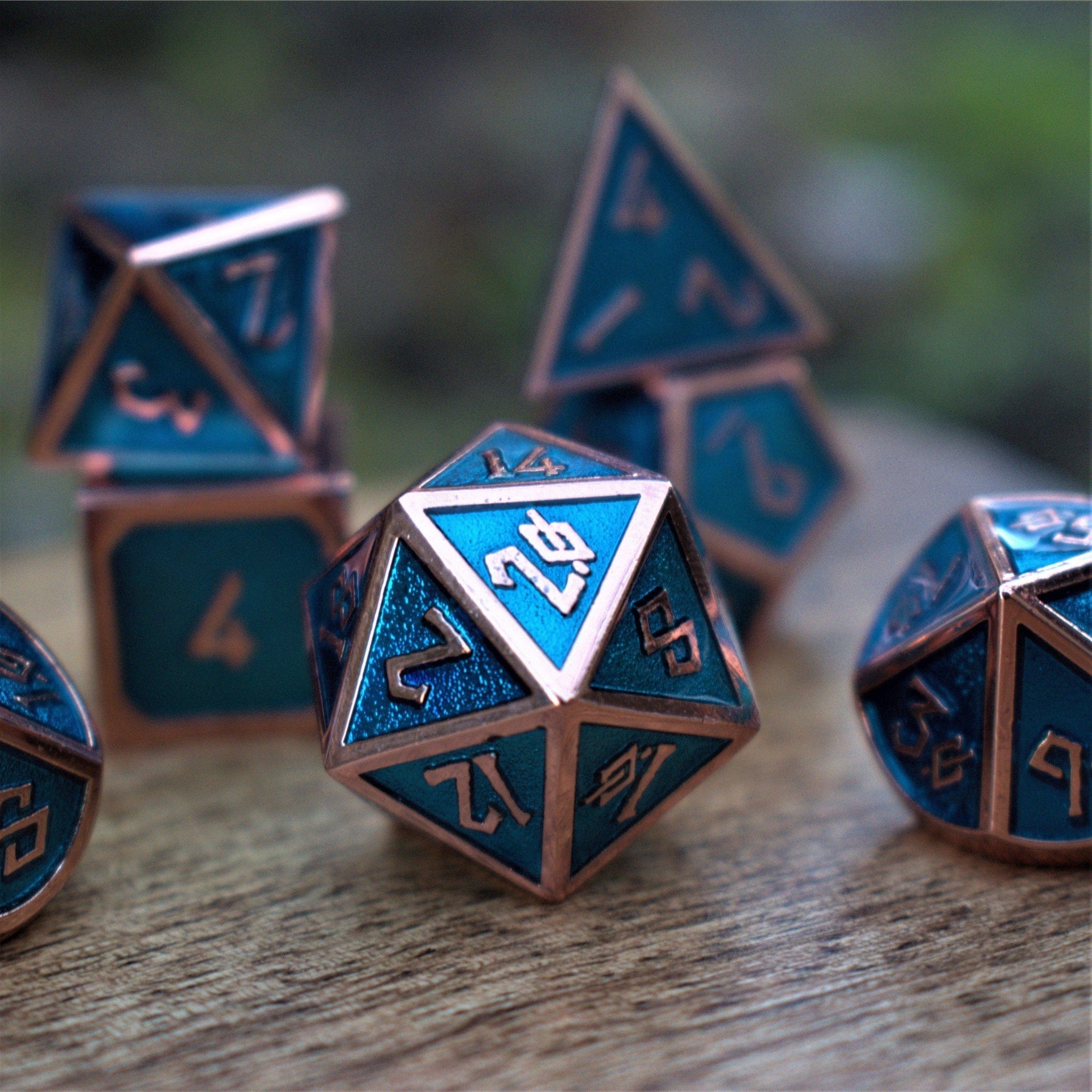 Misty Mountain Gaming Metal Elder Runes Aqua And Bronze Metal Dice Set