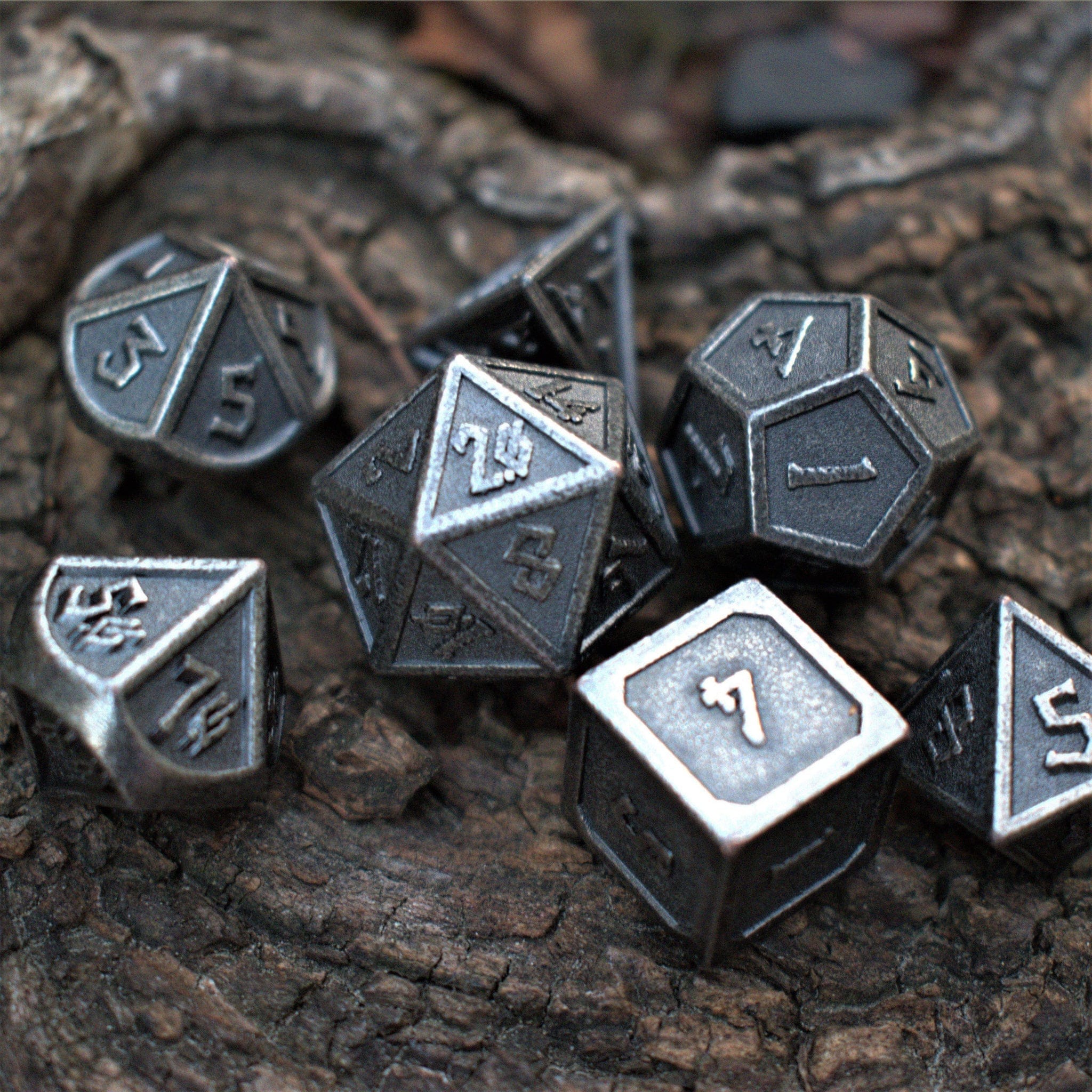 Misty Mountain Gaming Metal Elder Runes Battle-Worn Silver Metal Dice Set
