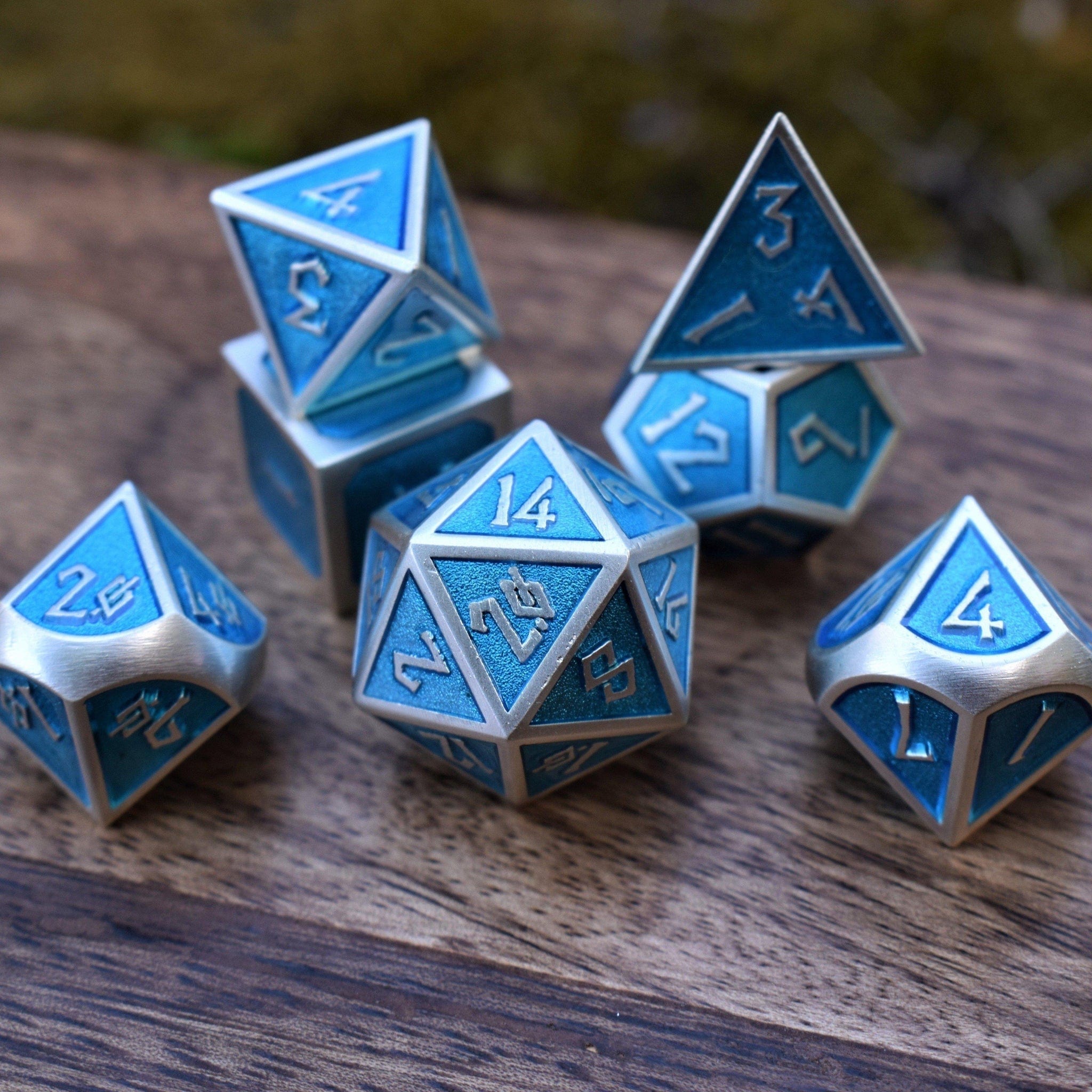 Misty Mountain Gaming Metal Elder Runes Electric Blue And Matte Silver Metal Dice Set