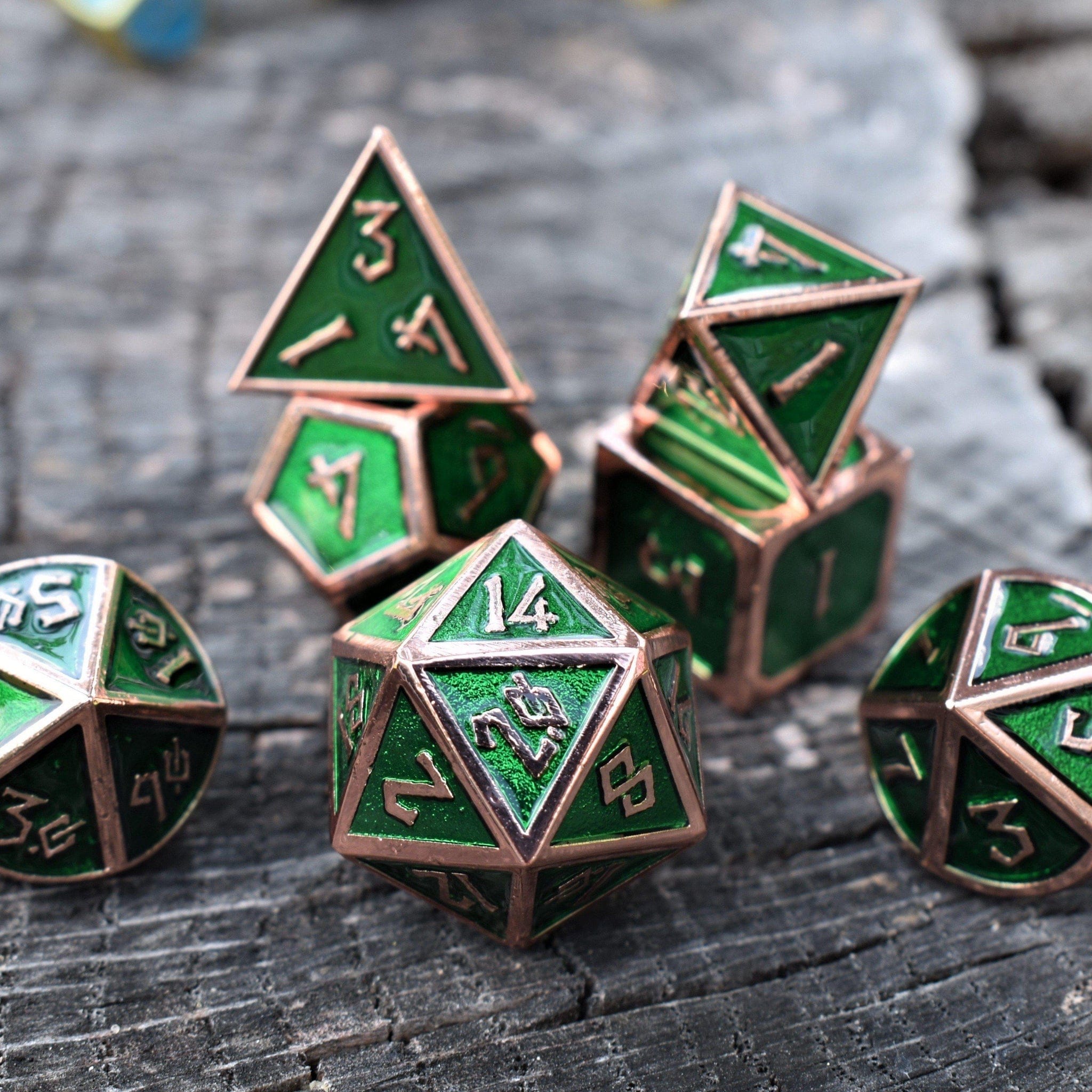Misty Mountain Gaming Metal Elder Runes Emerald And Bronze Metal Dice Set