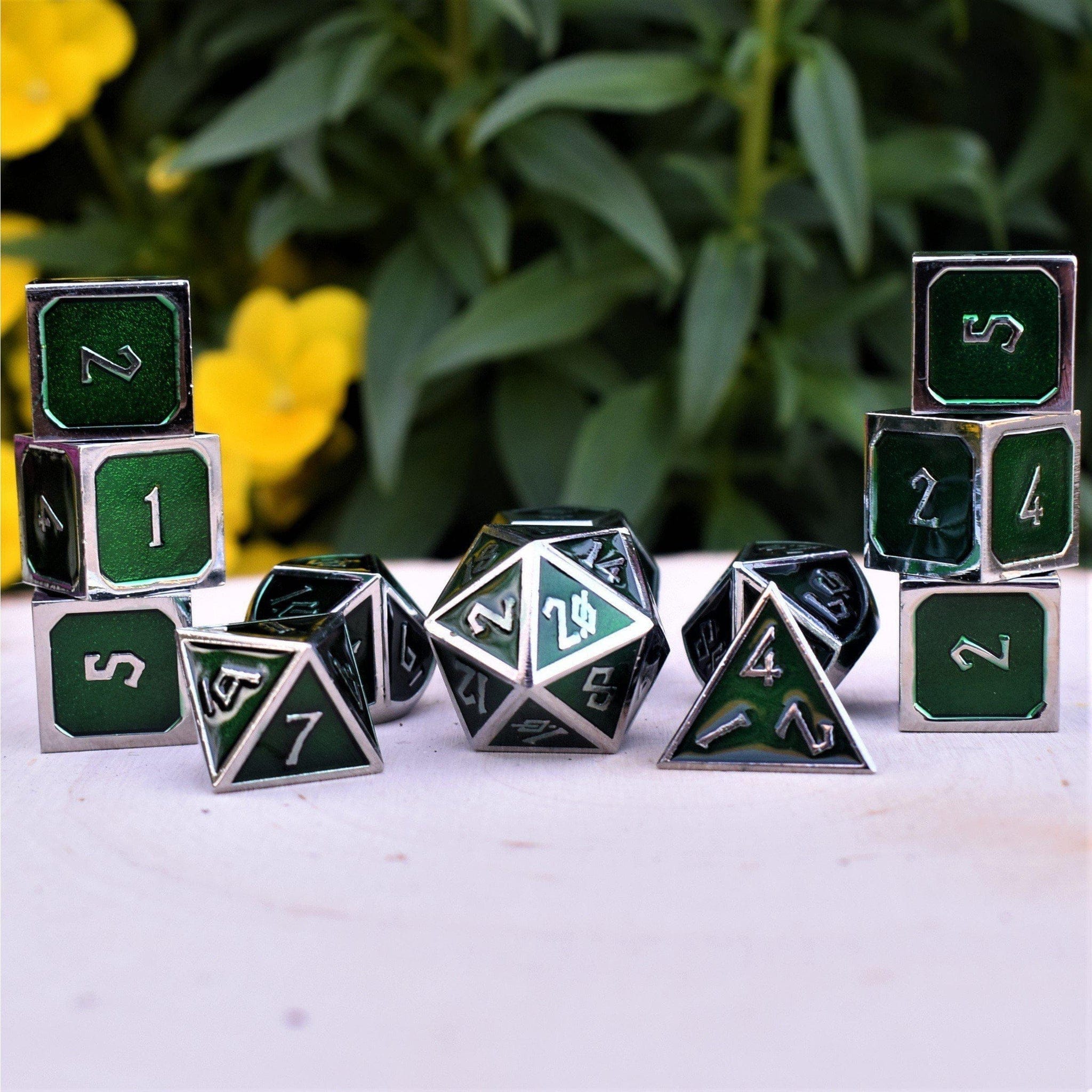 Misty Mountain Gaming Metal Elder Runes Emerald And Silver Metal Dice Set