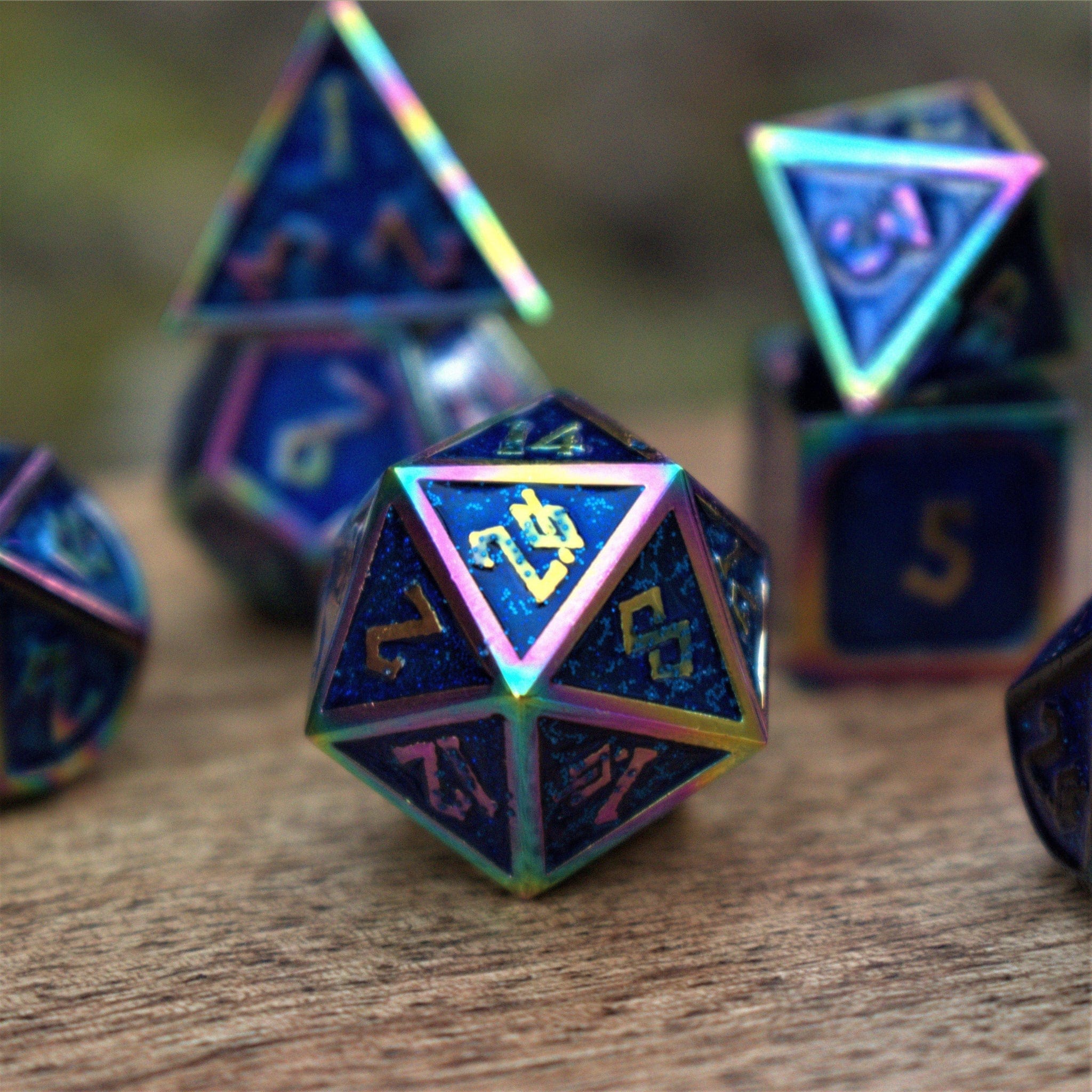Misty Mountain Gaming Metal Elder Runes Iridescent And Blue Glitter Metal Dice Set