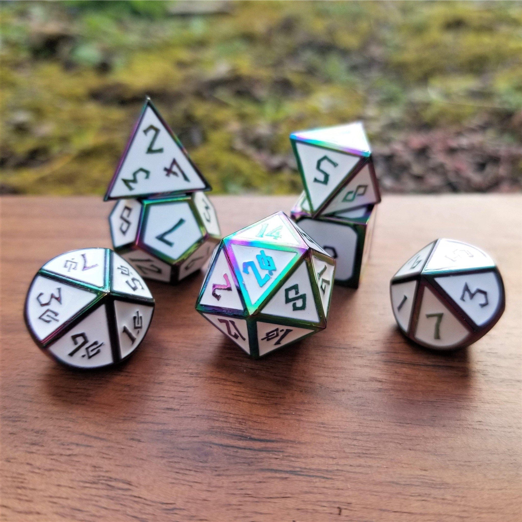 Misty Mountain Gaming Metal Elder Runes White And Irridescent Metal Dice Set