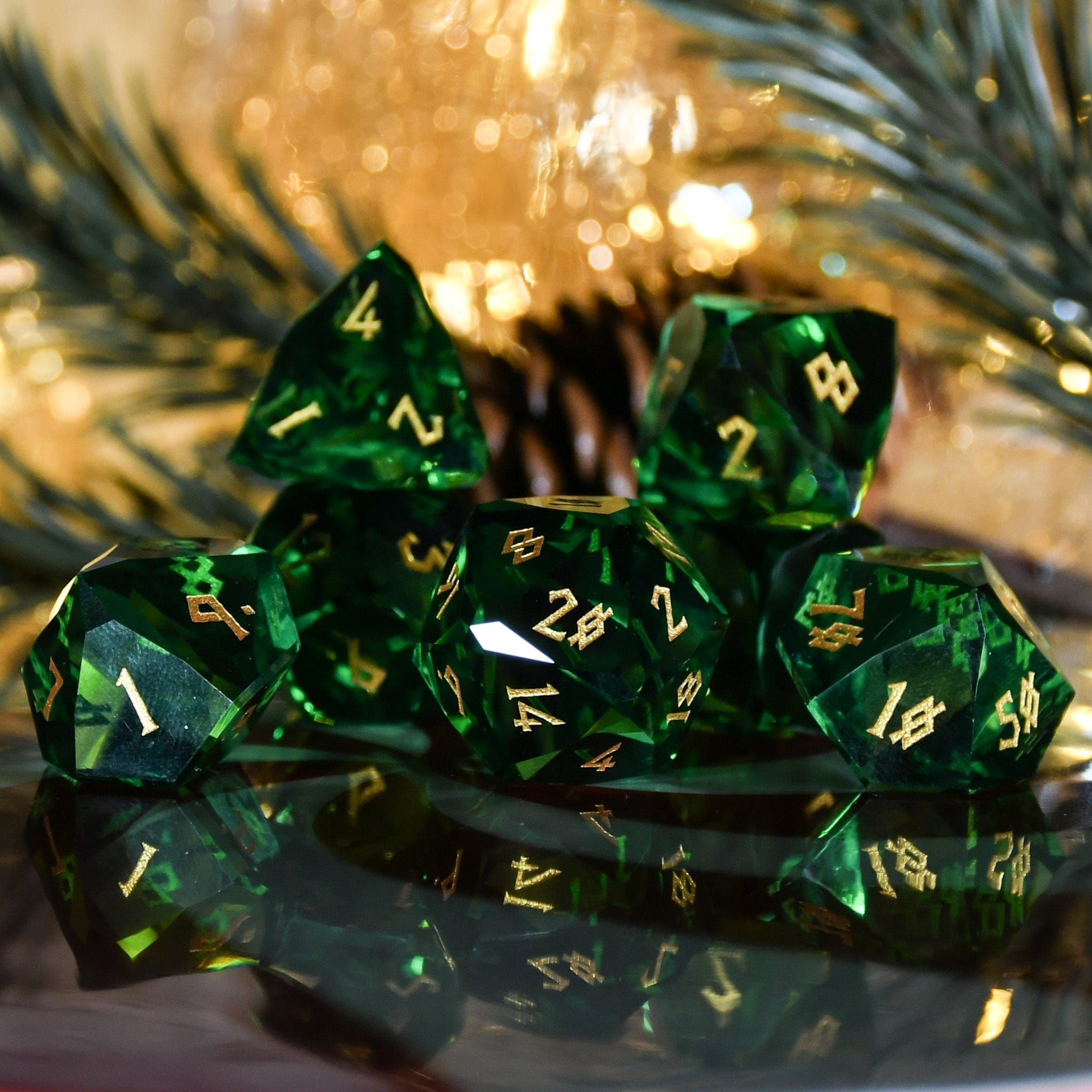 Misty Mountain Gaming Stone/Glass Emerald Multifaceted Glass Dice Set