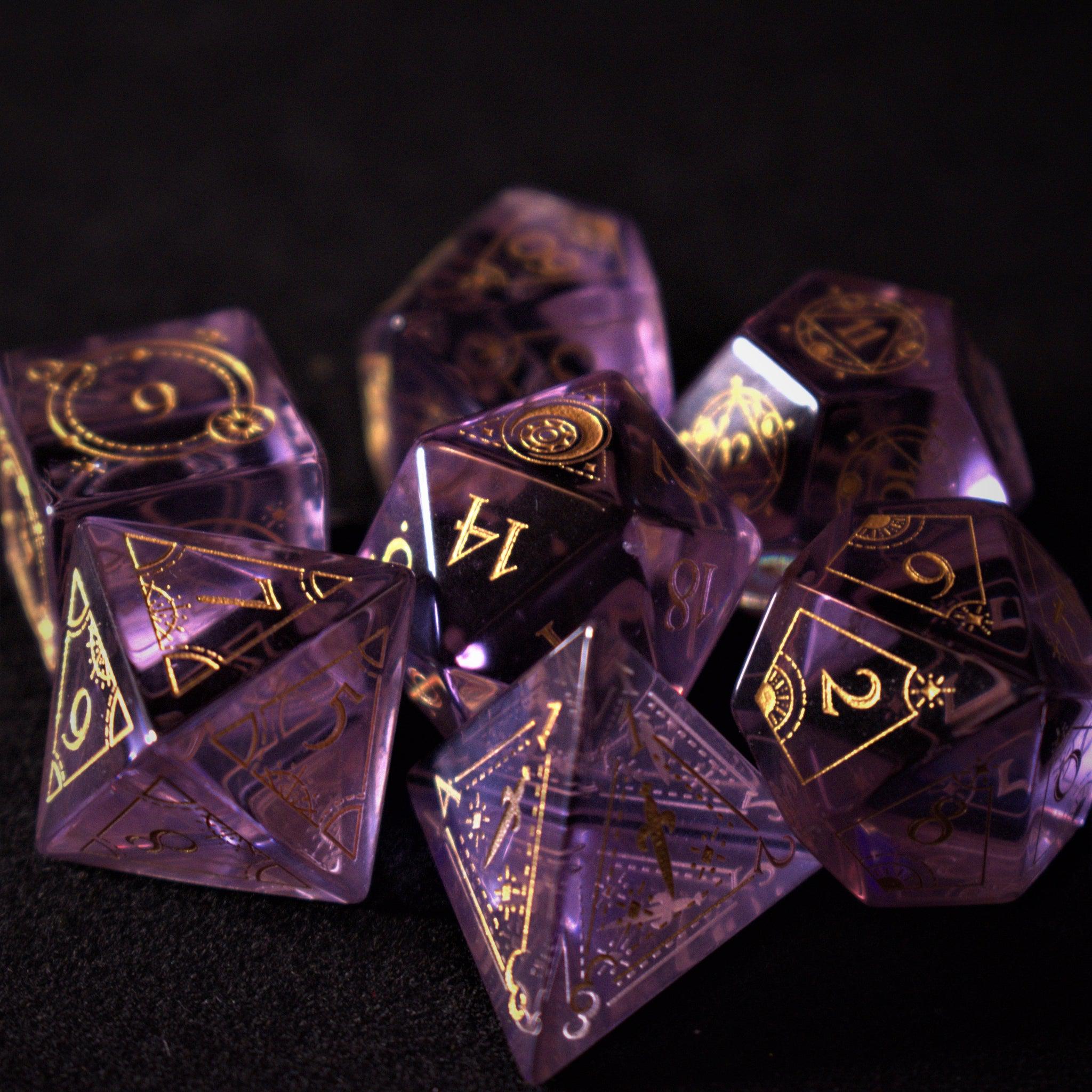 Misty Mountain Gaming Stone/Glass Fabled Mark Purple Glass Dice Set