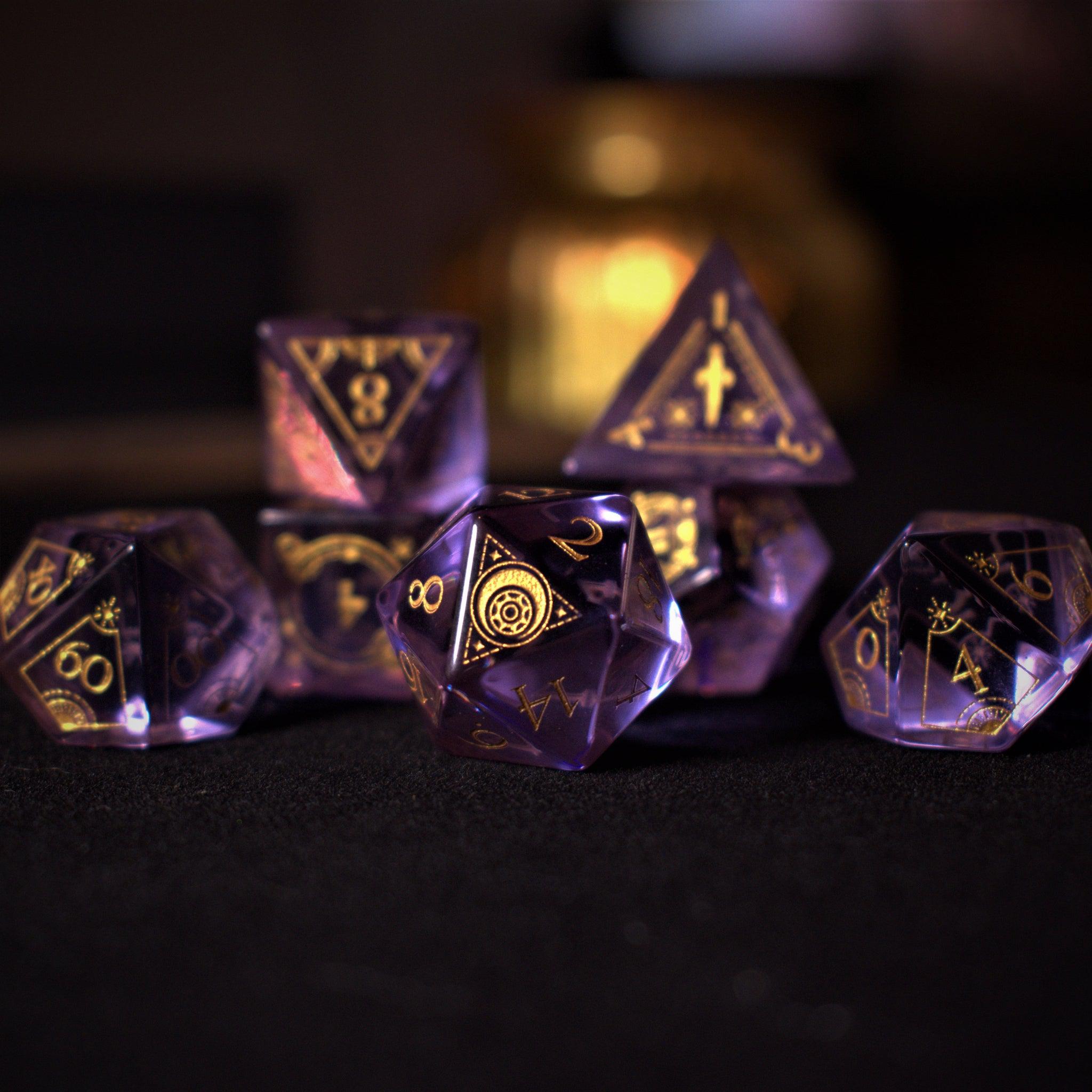 Misty Mountain Gaming Stone/Glass Fabled Mark Purple Glass Dice Set