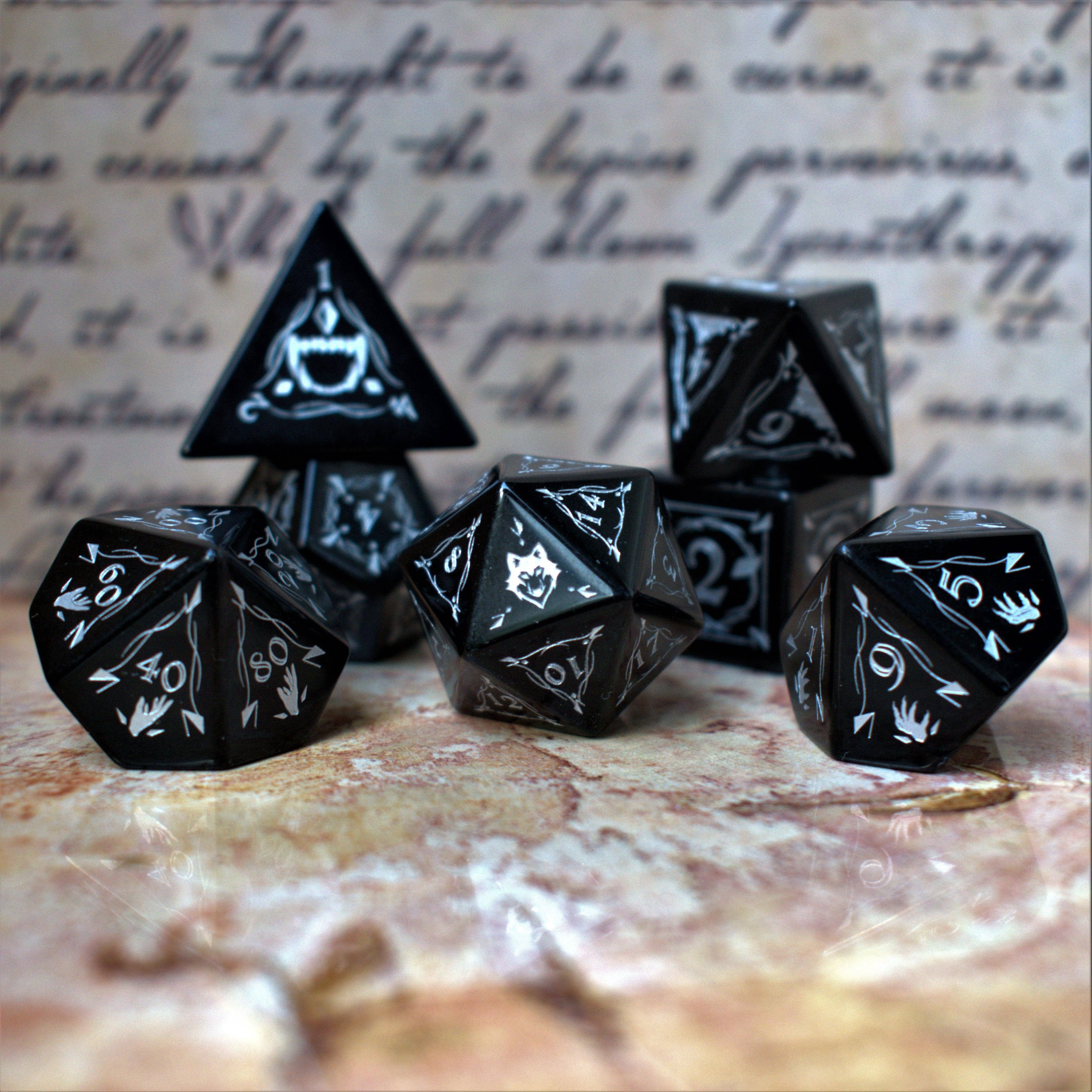 Misty Mountain Gaming Stone/Glass Fangs of Winter Obsidian Stone Dice Set
