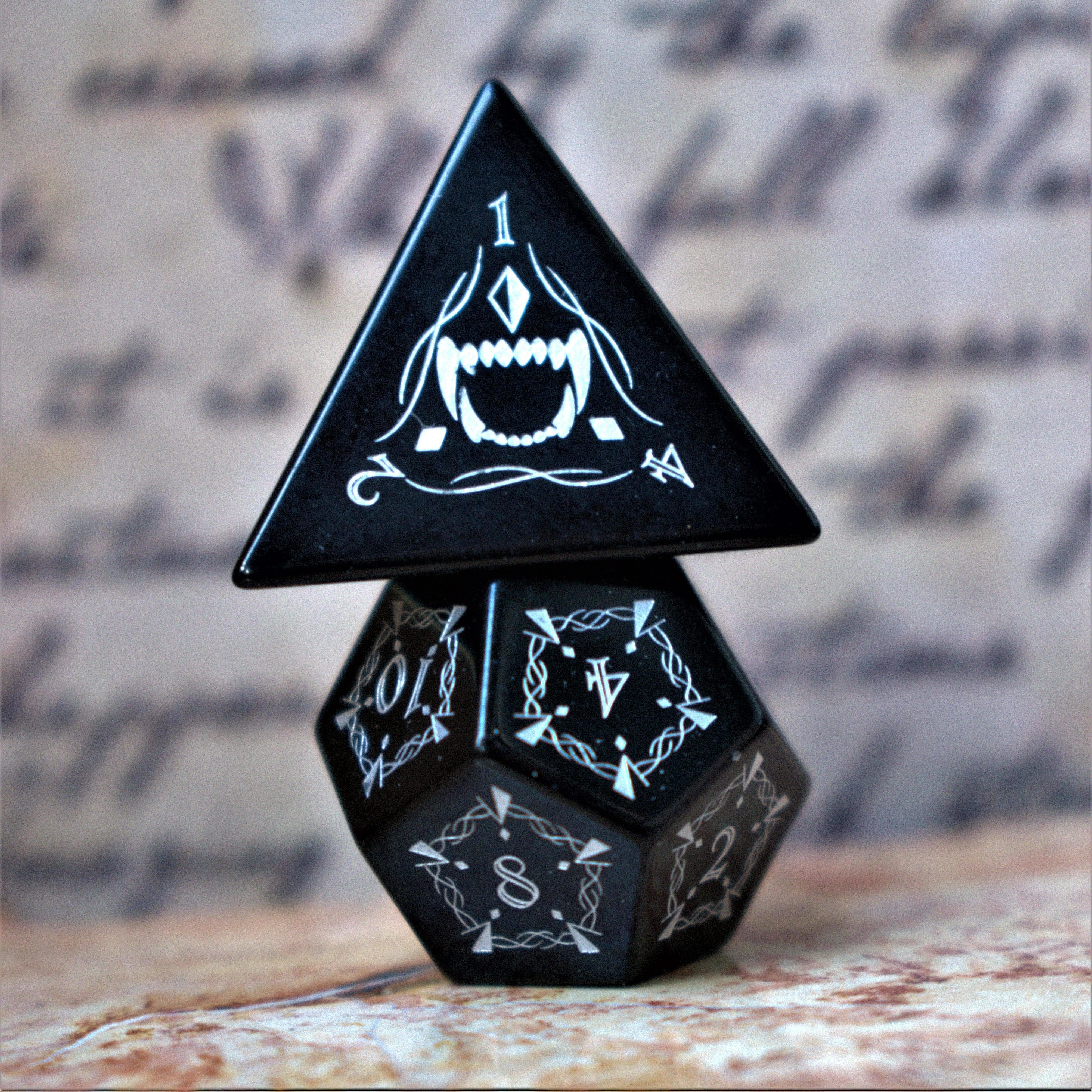 Misty Mountain Gaming Stone/Glass Fangs of Winter Obsidian Stone Dice Set